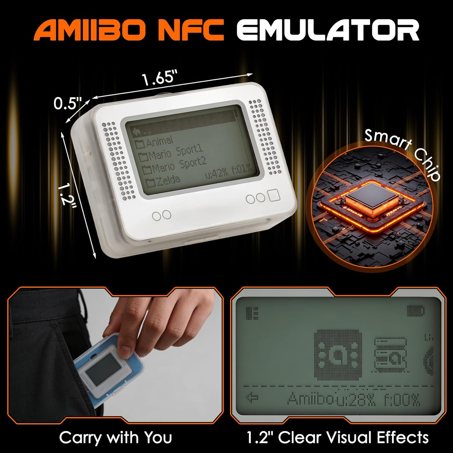 NFC Tag Emulator, for Nintendo Switch/3DS/Wii U - Ultimate 3000+ Data Storage, with Amiibo Emulator, Compatible with 60+ Games, 1.4" OLED Screen, Auto UID Regen & Unlimited Scans, RechargeableNFC