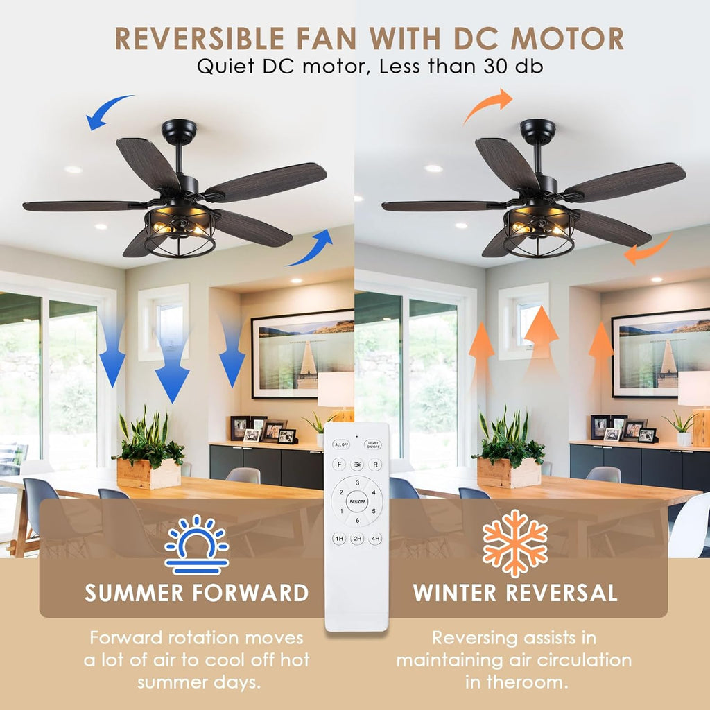 Hounberi 52" Caged Ceiling Fan with Lights and Remote, Downrod Rustic Ceiling Fans, 6-Speed Reversible, 5 Dual-Finish Blades, E26*2 Blub Base + Black Metal Lampshade for Bedroom Living Room