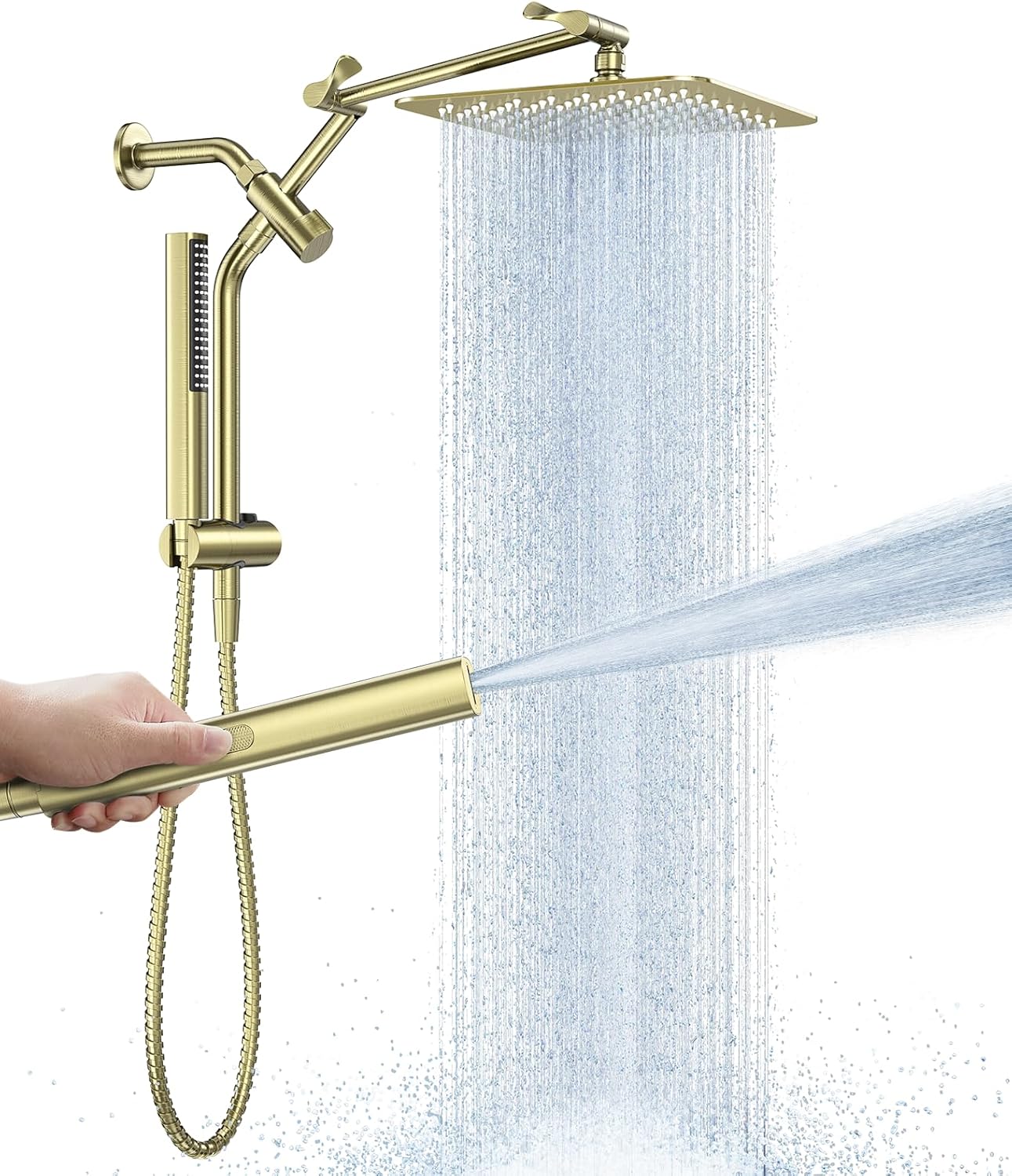 Veken All Metal 10" Brushed Gold Shower Head with Handheld, Luxurious Square Double Rain Shower Heads with Spray Combo, Dual High Pressure Detachable Rainfall Showerhead with Extension Arm, Long Hose