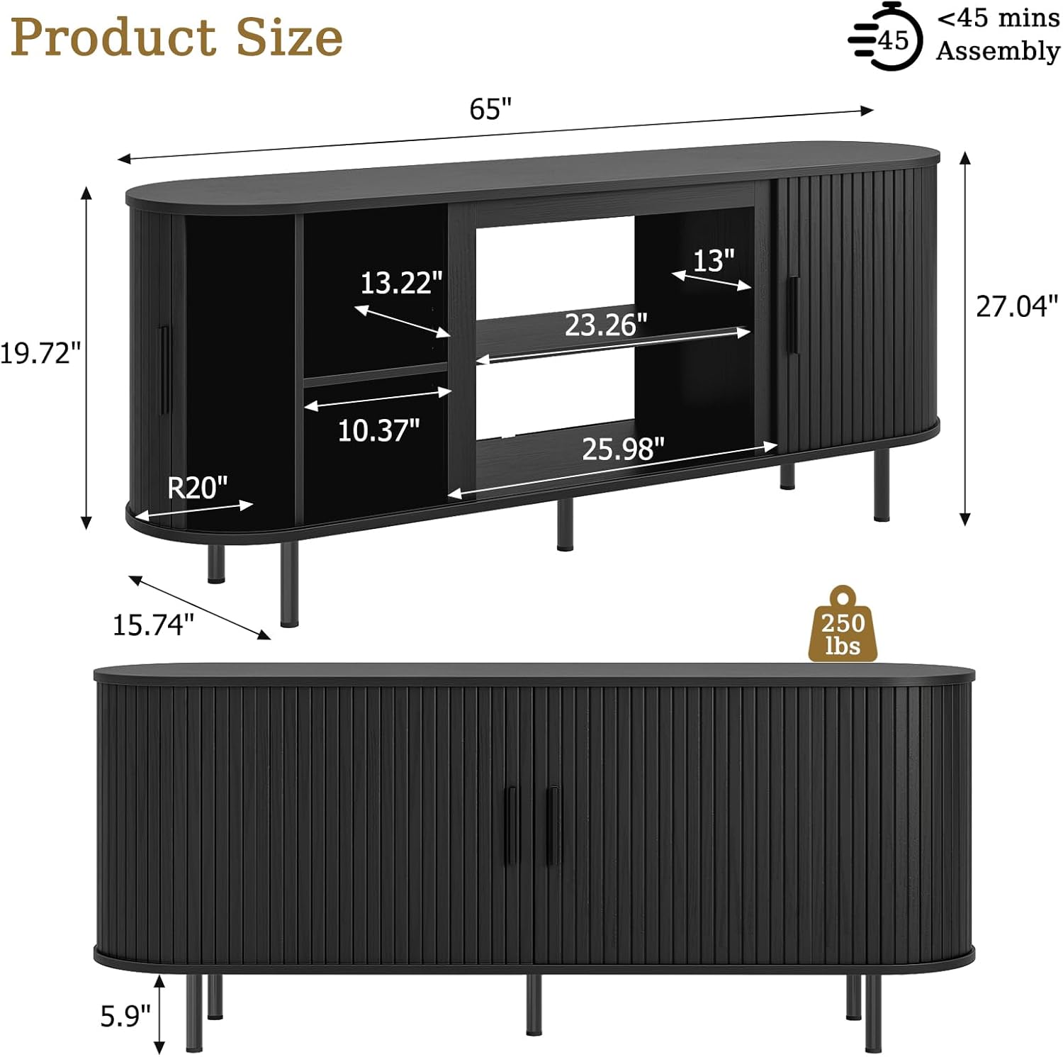 65'' Tv Stands for Living Room, Entertainment Center with Storage, Adjustable Shelves and Sliding Doors, Tv Stand Tv Console for Living Room,Bedroom (Black)