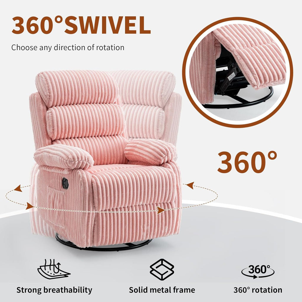 Snug-Cushioned Velvet 360° Swivel Recliner Chair - Gliding Rocking Chair Nursery Recliner, Generous Footrest, Padded Armrests & Side Pocket, Perfect for Nursery & Compact Spaces, Pink