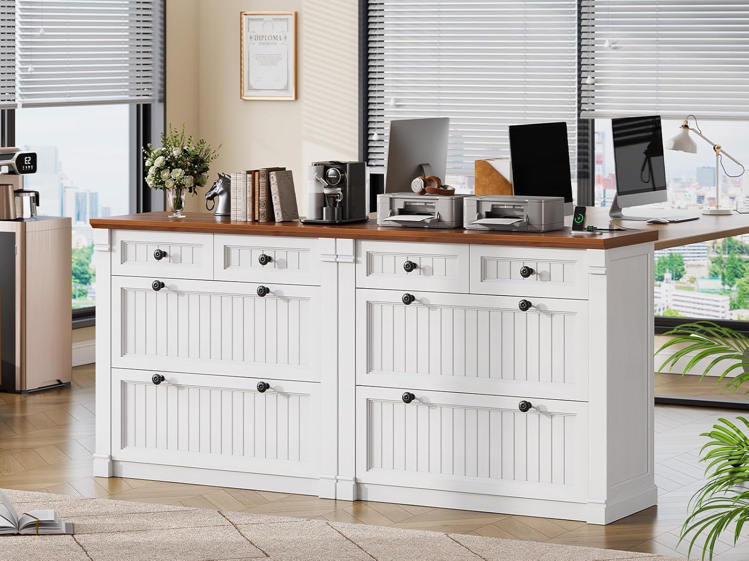 SEDETA 4 Drawers File Cabinet, 33" Farmhouse Filing Cabinets for Home Office fit Legal/Letter/A4 File, Wood Office File Cabinet with Power Outlets, Printer Stand with Storage, White+Brown