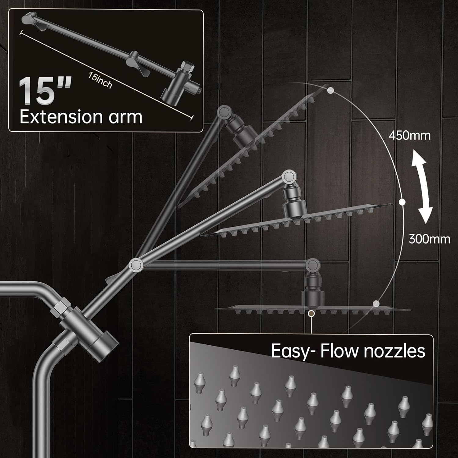 Veken All Metal 10" Gunmetal Gray Shower Head with Handheld, Luxurious Square Double Rain Shower Heads with Spray Combo, Dual High Pressure Detachable Rainfall Showerhead with Extension Arm, Long Hose