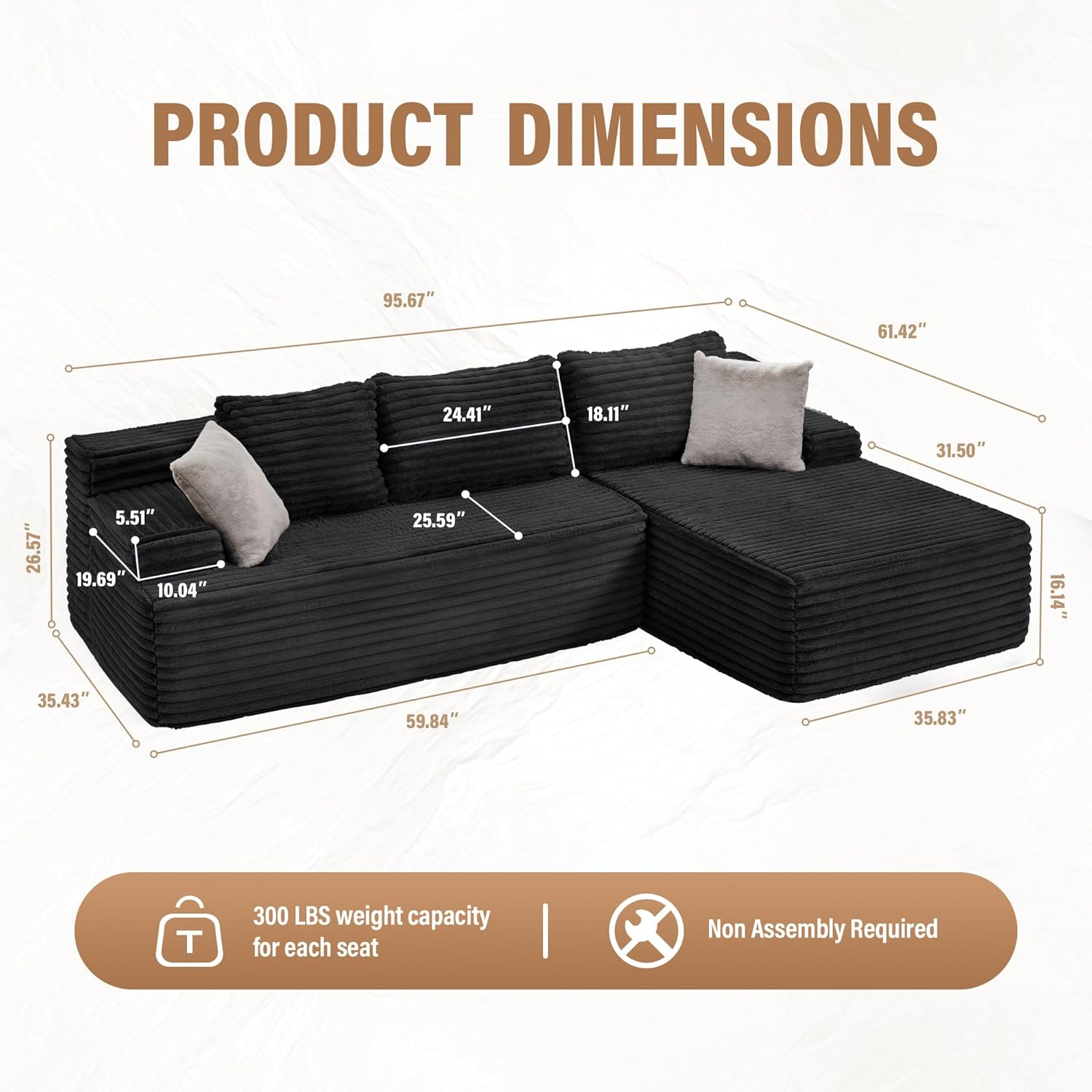 Hobestluk Modular Sectional Sofa Couches L-Shape Couch 3 Seat Modular Sofa Memory Foam Sectional Couches for Living Room, Cloud Couch with Oversized Chaise (96" Right Facing Chaise)