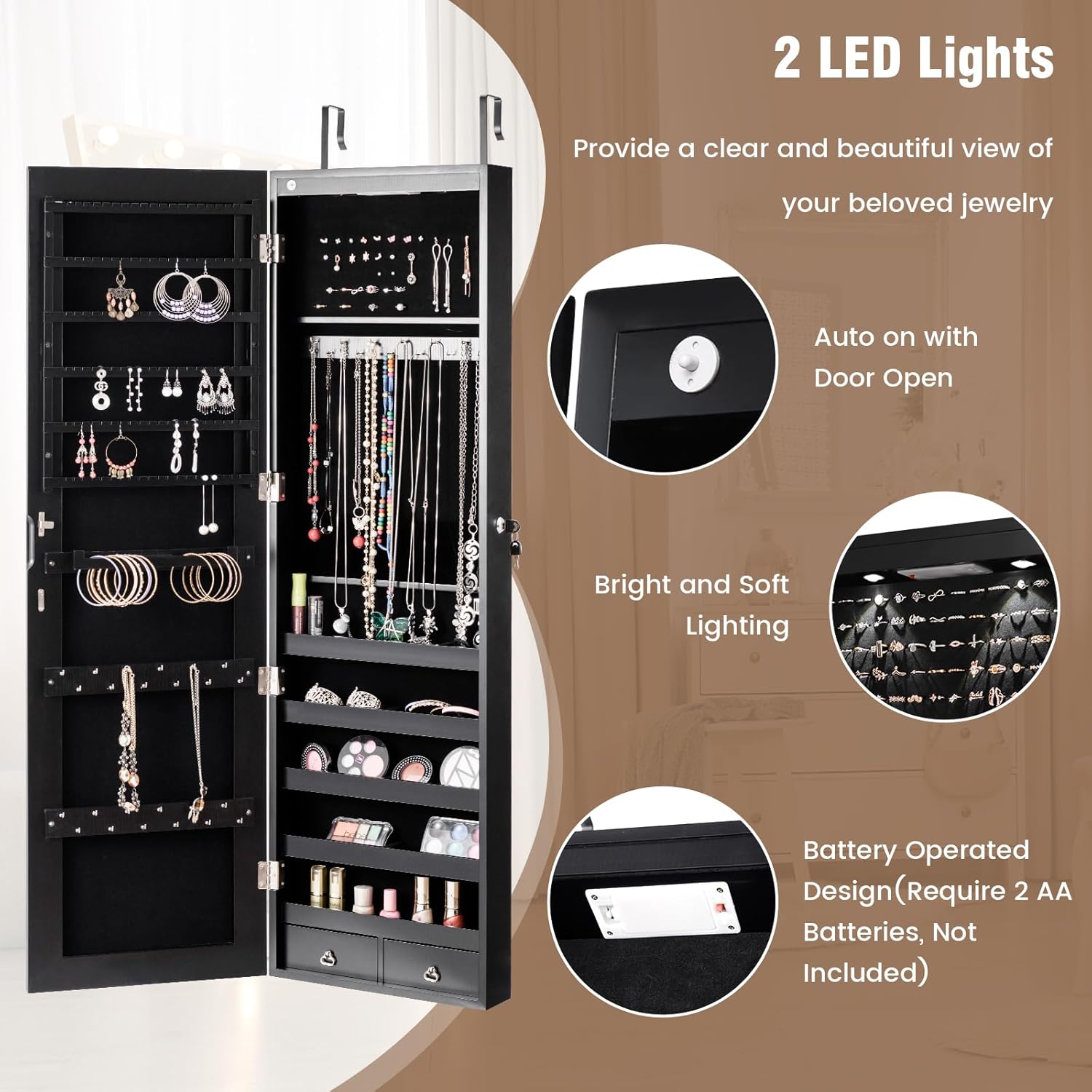 LOKO Mirrored Jewelry Armoire, Wall/Door Mounted Jewelry Cabinet with Full-Length Mirror, Lockable Jewelry Storage Organizer with 2 Drawers & 2 LED Lights, for Girls Women Gift Bedroom (Black)