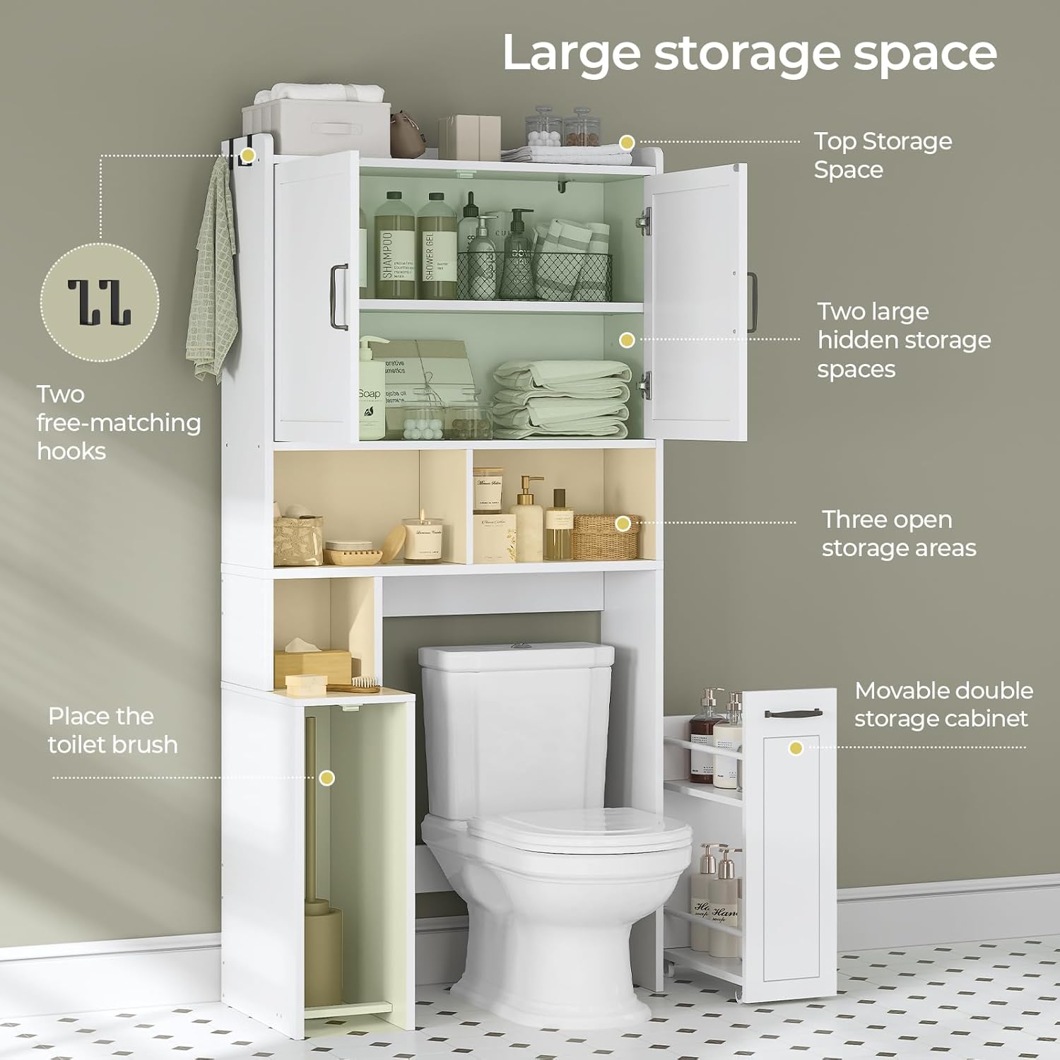 UPOSOJA Over The Toilet Storage Cabinet with Pulley Small Bathroom Storage Cabinet, Space Saver W/Adjustable Shelf & Open Shelf for Bathroom, Restroom, Laundry (White)