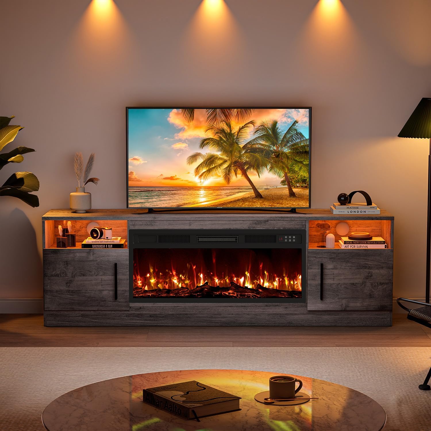 VITESSE TV Stand with 36" inch Electric Fireplace Up to 80" TVs, LED Light Entertainment Center, 70" Modern Wood High Gloss Fireplace with Highlight Storage Cabinet for Living Room (Grey)