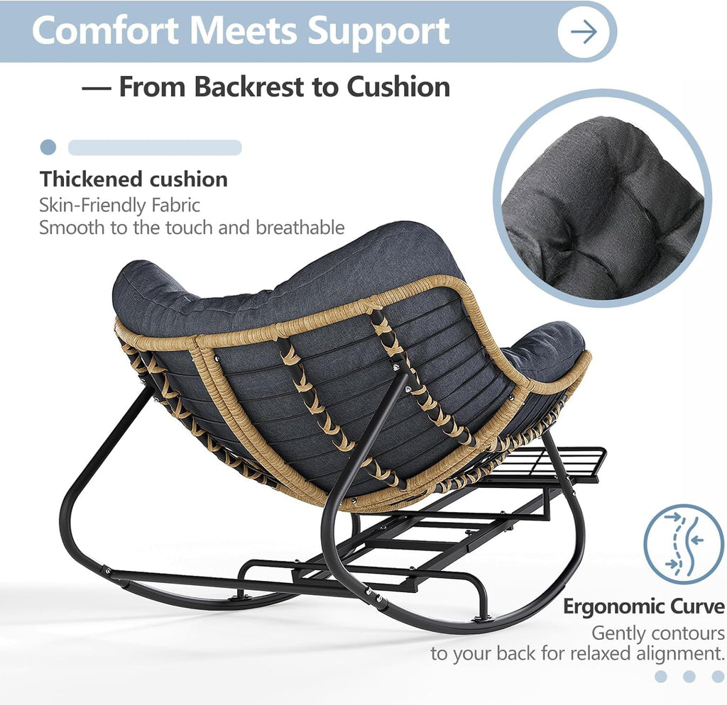 SWITTE Outdoor Rocking Chair with Footrest, Oversized Patio Papasan Rocker, Comfy Wicker Reading Lounge, Indoor Bed-Like Egg Chair for Bedroom,Balcony, Porch, Garden, Heather Gray