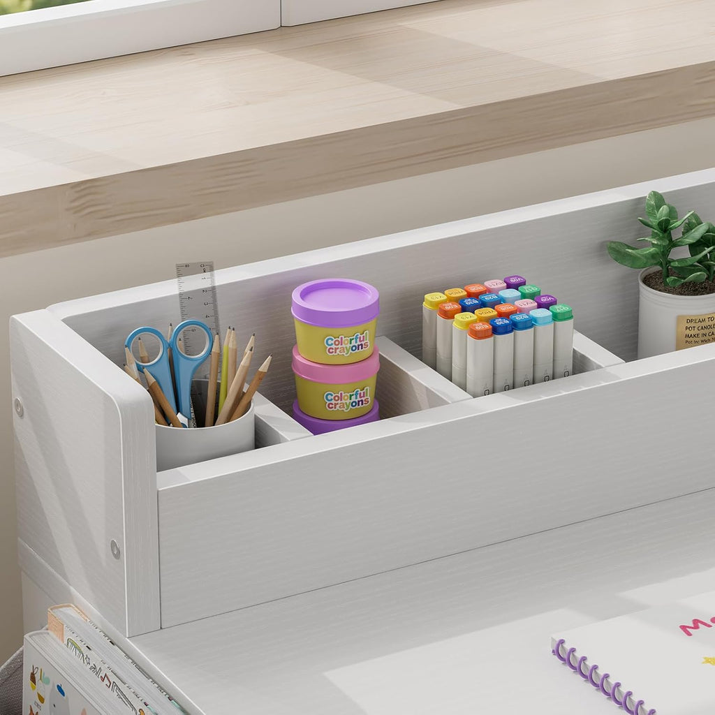 BOLUO White Kids Desk and Chair Set for 5-8 Year Old, Small Child Desk with Fabric Drawer, Children Study Table with Storage Girls Boys