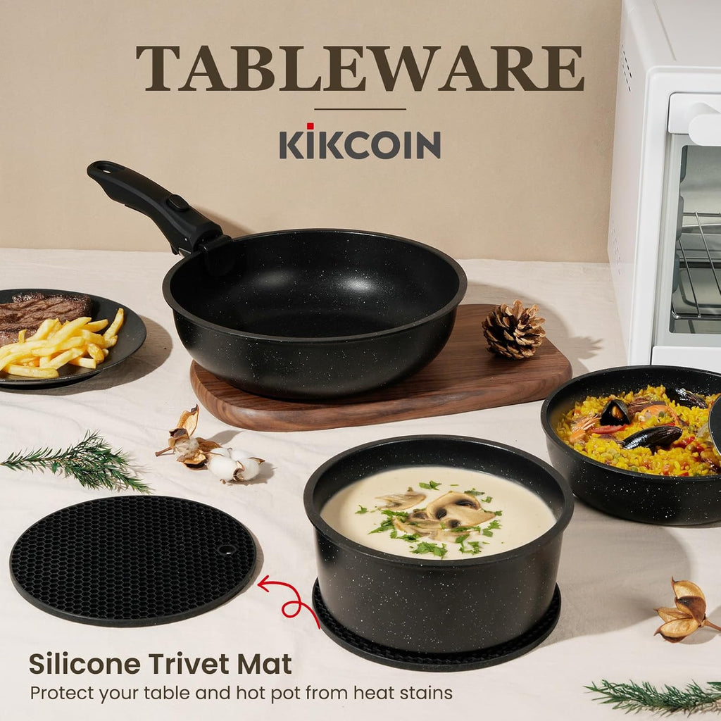 KIKCOIN 20 Pcs Pots and Pans Set Non Stick, Detachable Handle Cookware Sets Nonstick, Non Toxic Induction RV Kitchen Cooking Set with Removable Handles, Dishwasher/Oven Safe, Easy Clean (Black)
