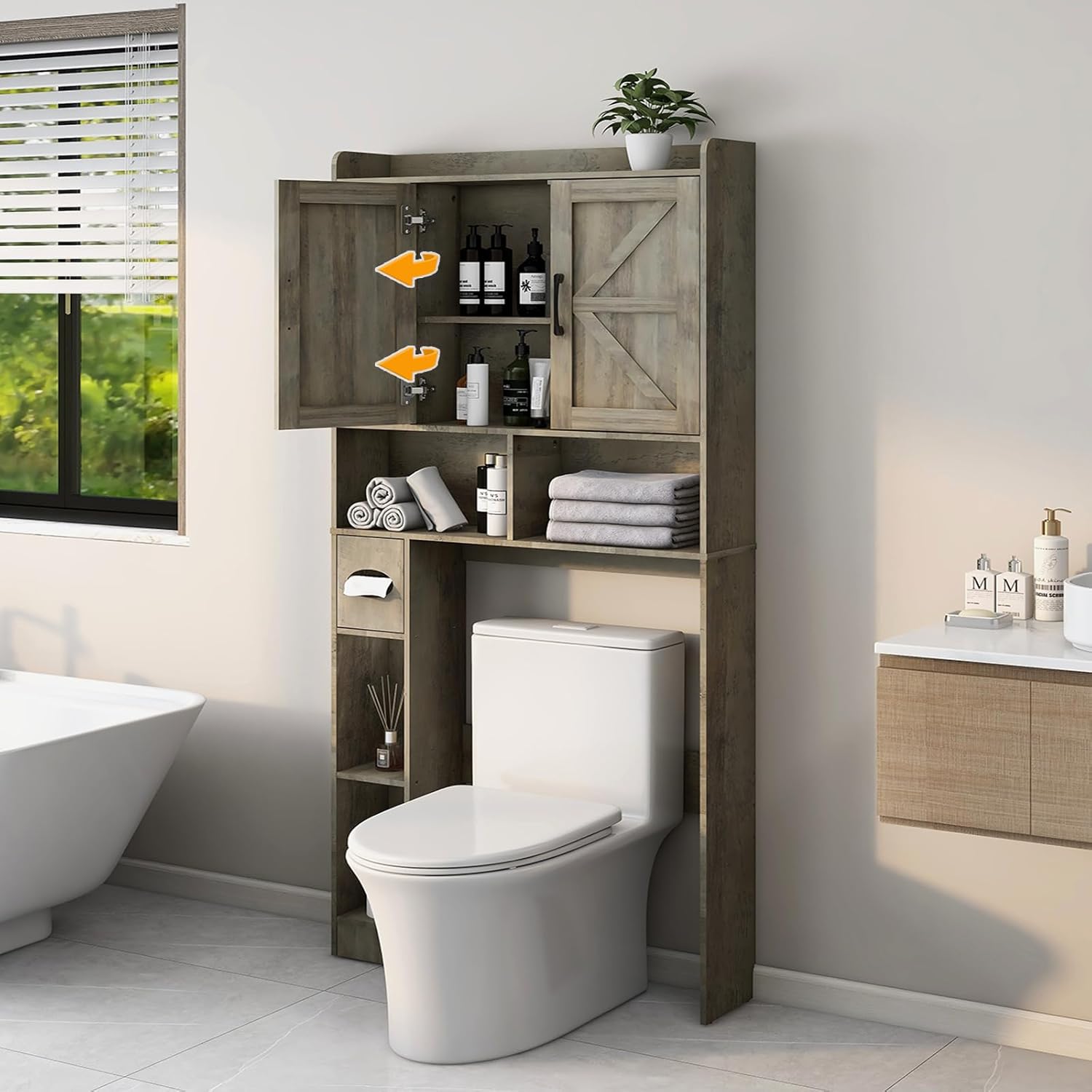 Vabches Over The Toilet Storage Cabinet, Farmhouse Storage Cabinet Over Toilet with 2 Barn Door & Toilet Paper Holder Stand，Home Space-Saving Toilet Rack, for Bathroom, Restroom, Laundry