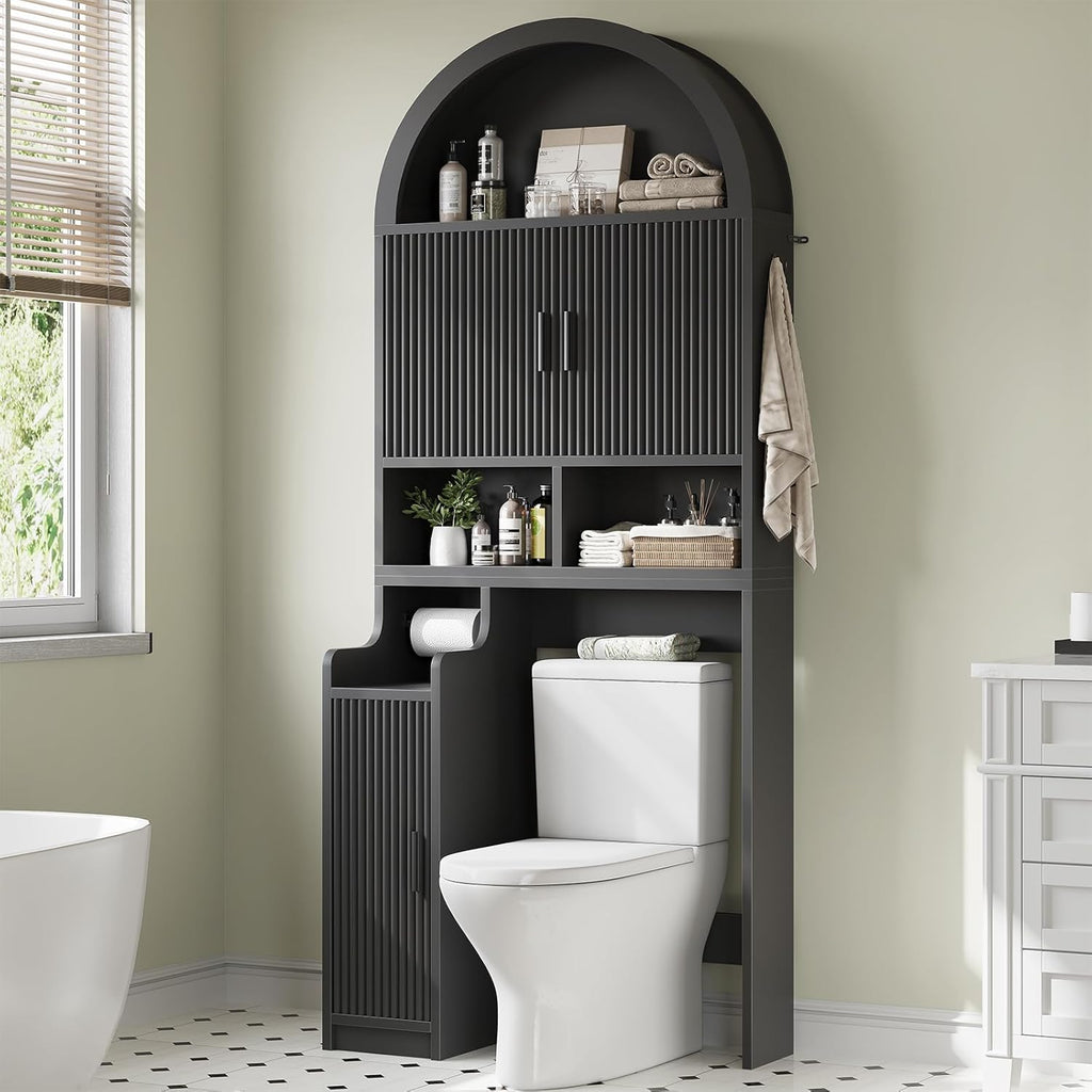 Itaar Arched Over The Toilet Storage Cabinet, 78.7" H Fluted Bathroom Organizer with Reversible Side Cabinet, Adjustable Shelves, Anti-Tipping, Hooks & Paper Holder for Bathroom Laundry Room, Black
