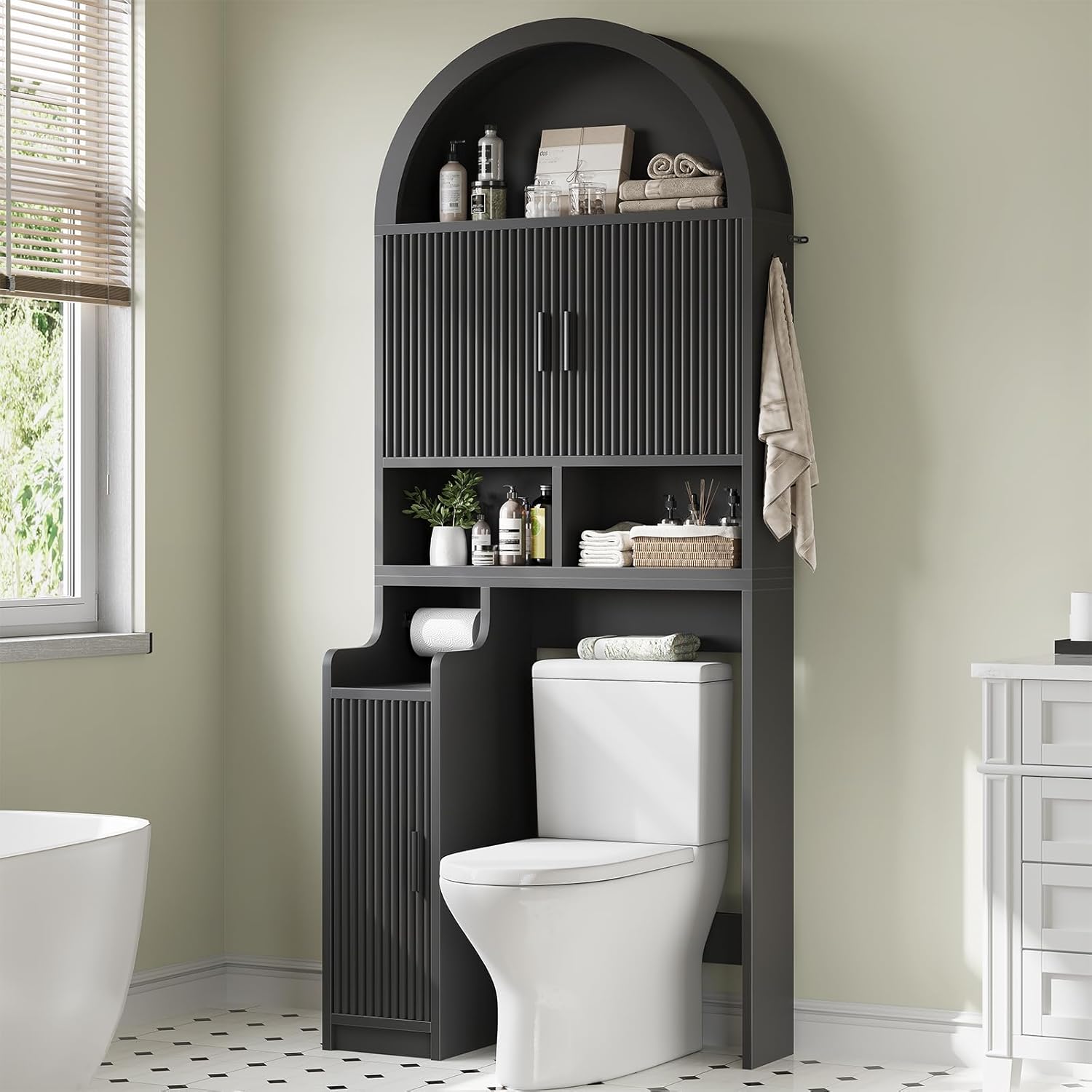 Itaar Arched Over The Toilet Storage Cabinet, 78.7" H Fluted Bathroom Organizer with Reversible Side Cabinet, Adjustable Shelves, Anti-Tipping, Hooks & Paper Holder for Bathroom Laundry Room, Black
