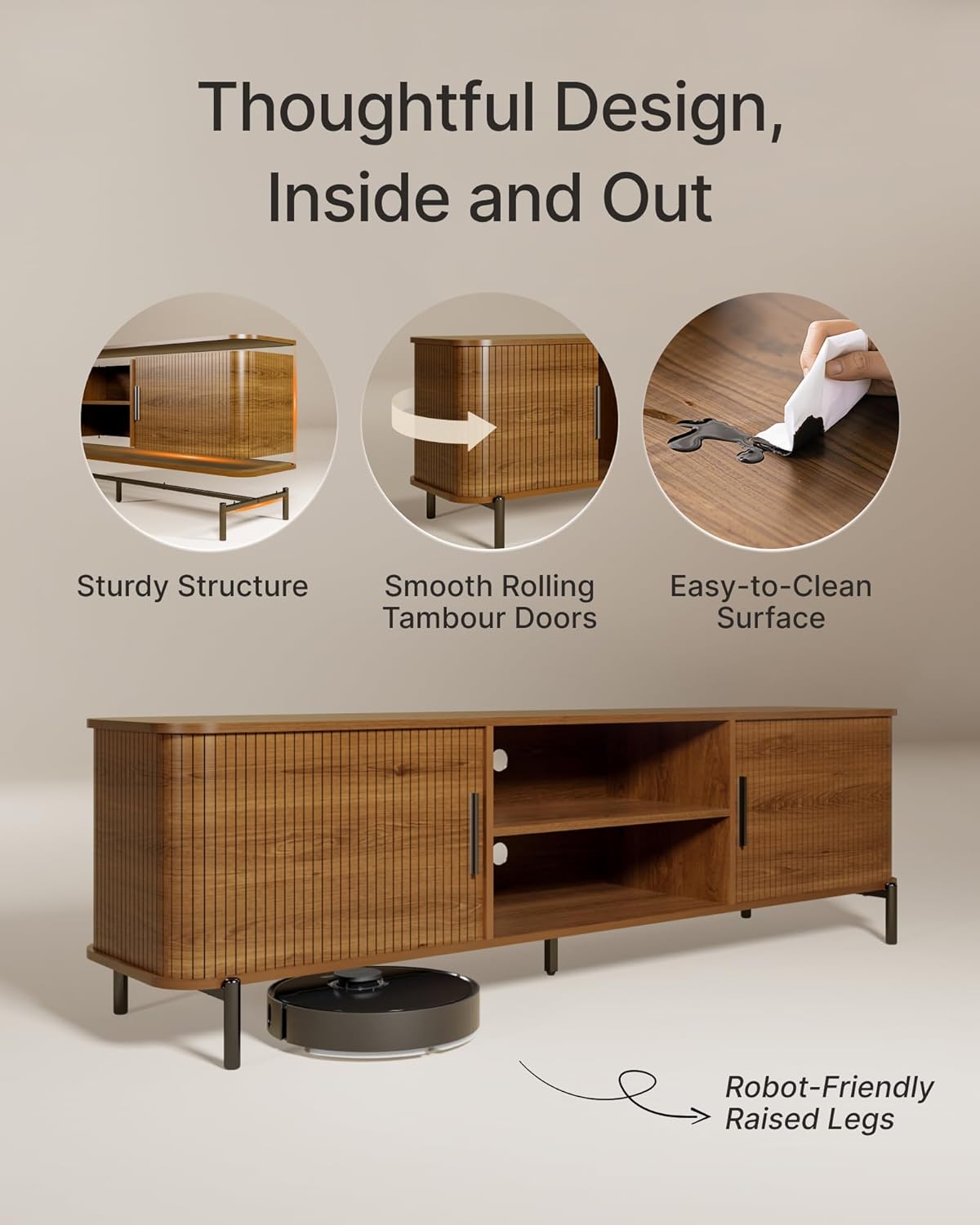 SUNCOZE 70" Mid-Century Fluted TV Stand with Storage, Modern Entertainment Centerfor TVs up to 80 Inch with Sliding Tambour Doors & Open Shelves, Media Console for Living Room or Bedroom (Walnut)