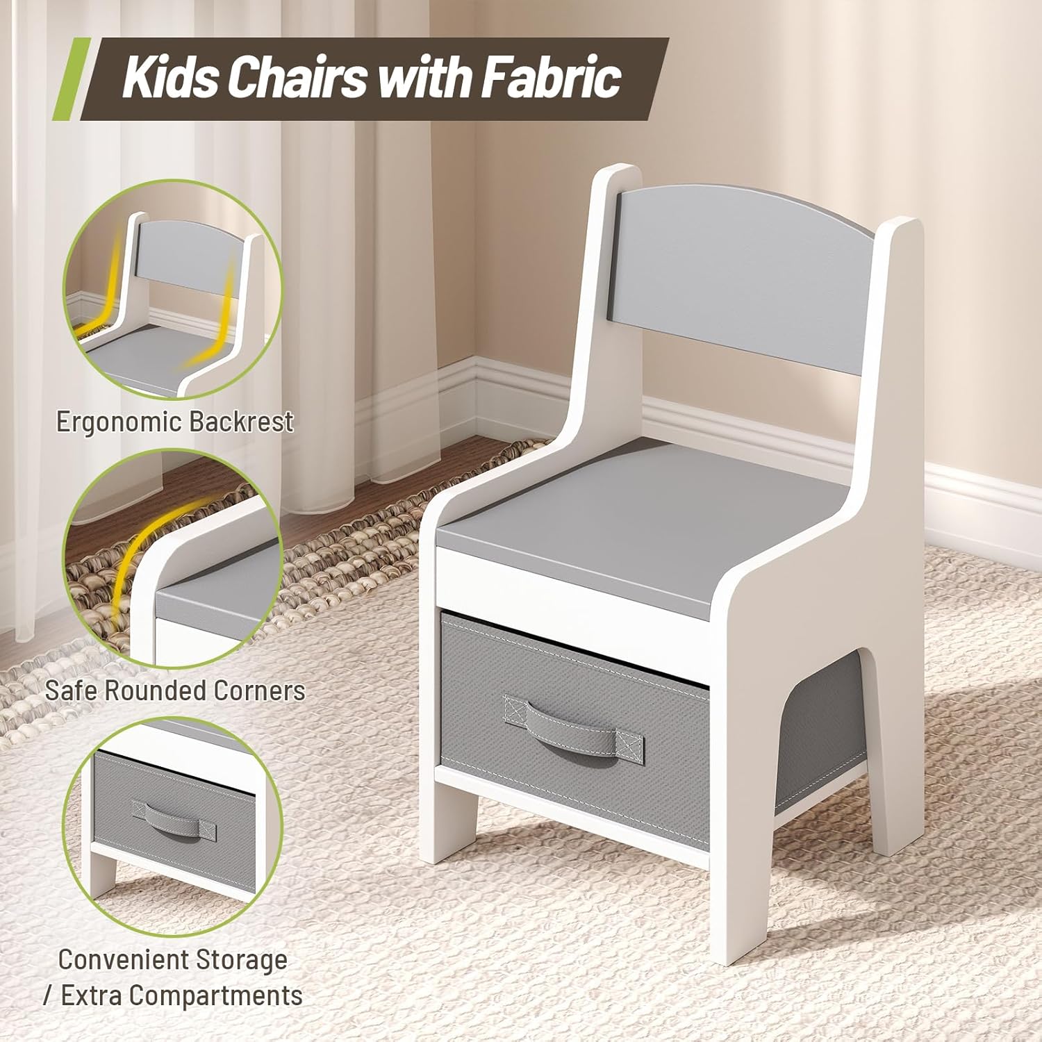Kids Art Table and Chair Set, Wooden Toddler Activity Desk with Removable Tabletop Shelf and 5 Storage Drawers, Paper Pressing Rod & Roll Holder for Playroom, Nursery, Grey and White