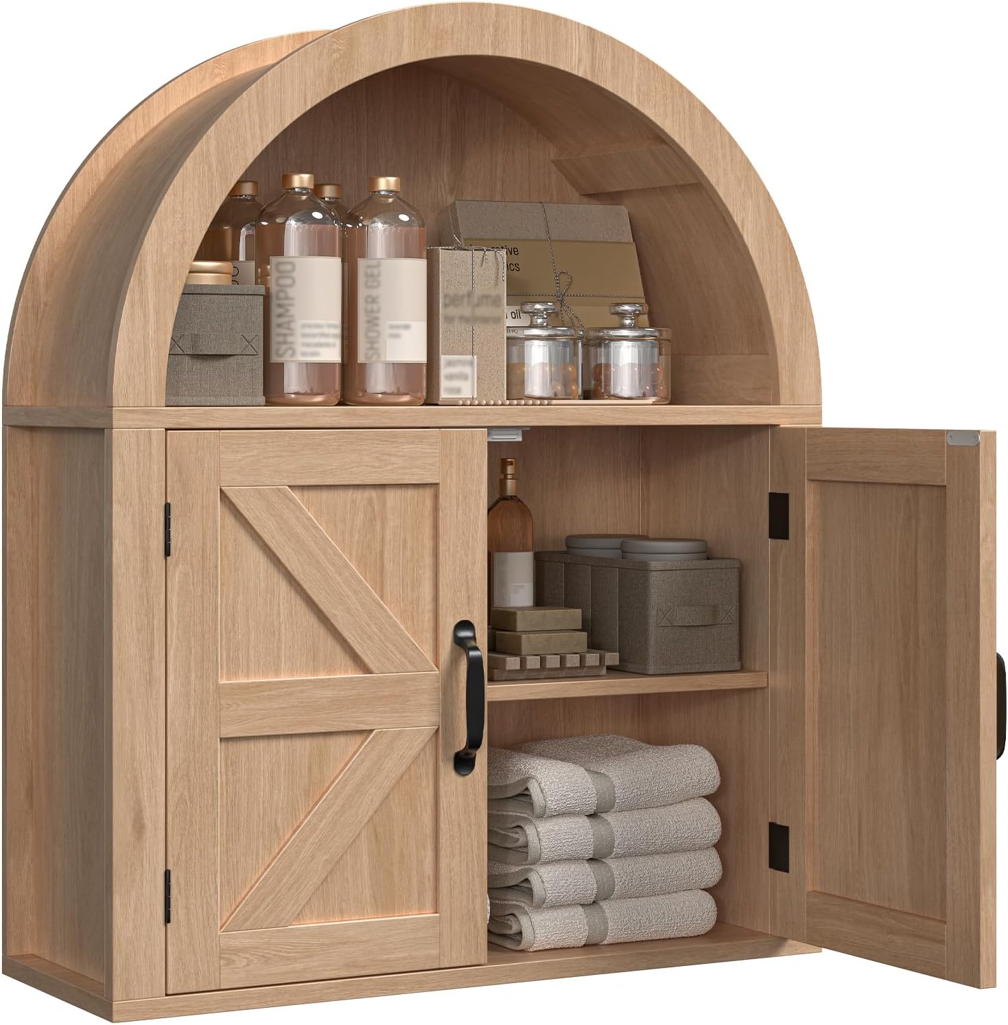 Halitaa Arched Bathroom Wall Cabinet, Farmhouse Medicine Cabinet with Barn Door and with Adjustable Shelf, 23.6 x 28.7'' Wooden Storage Cabinet Wall Mounted for Bathroom Laundry Room Kitchen, Natural