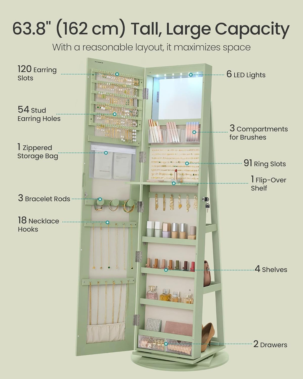 SONGMICS 6 LEDs Lockable Mirror Jewelry Cabinet, 360° Swivel Jewelry Organizer Armoire Standing, Full-Length Mirror with Storage, Mothers Day gifts for Mom, Laurel Green, Cream White Lining UJJC007C01