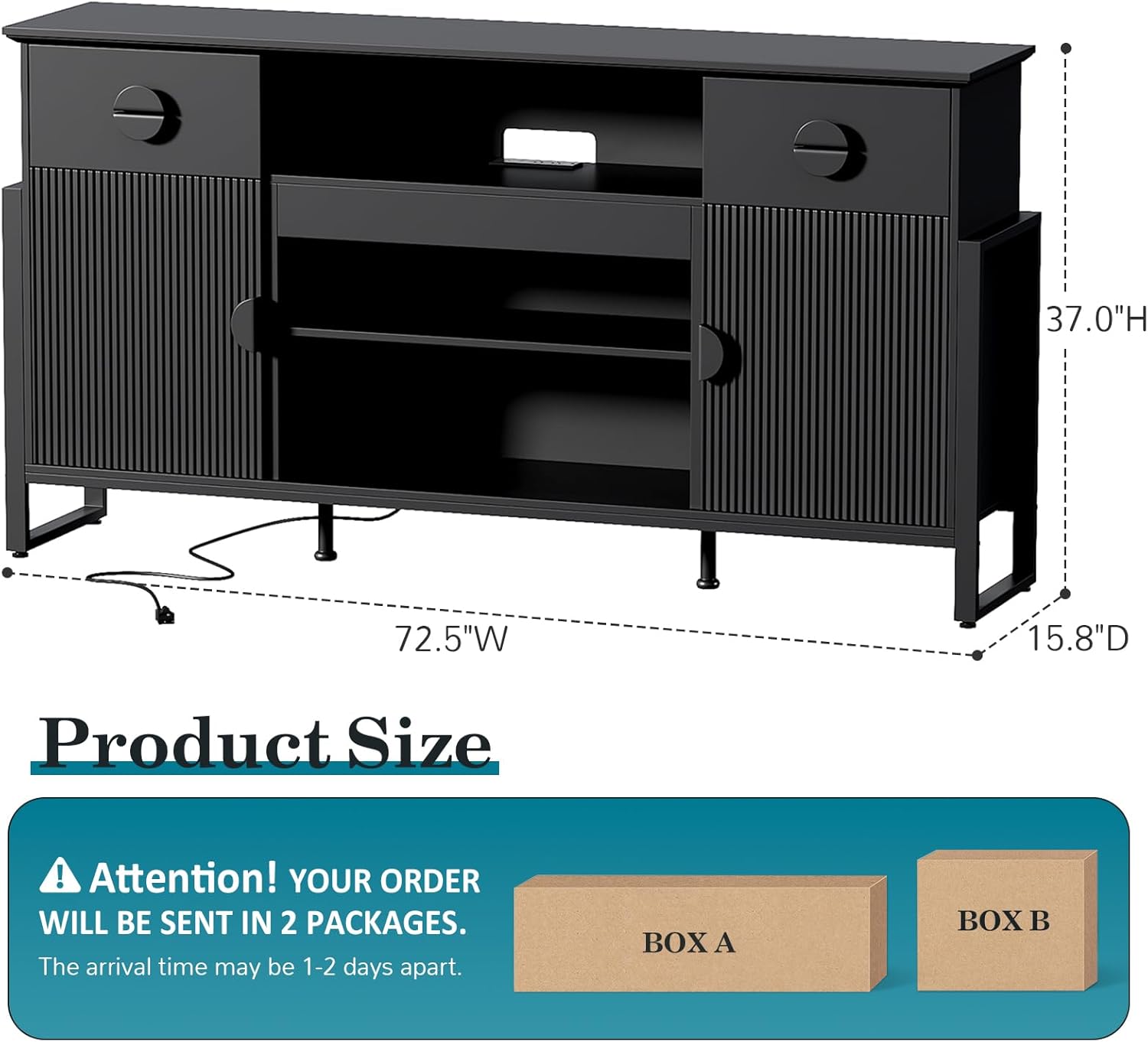 Naice TV Stand for 80 Inch TVs, 38" Tall Entertainment Center with Power Outlet, Stylish TV Stand w/Drawers & Cabinets, Raising Legs, Curved Profile Design, Media Console for Living Room, Black