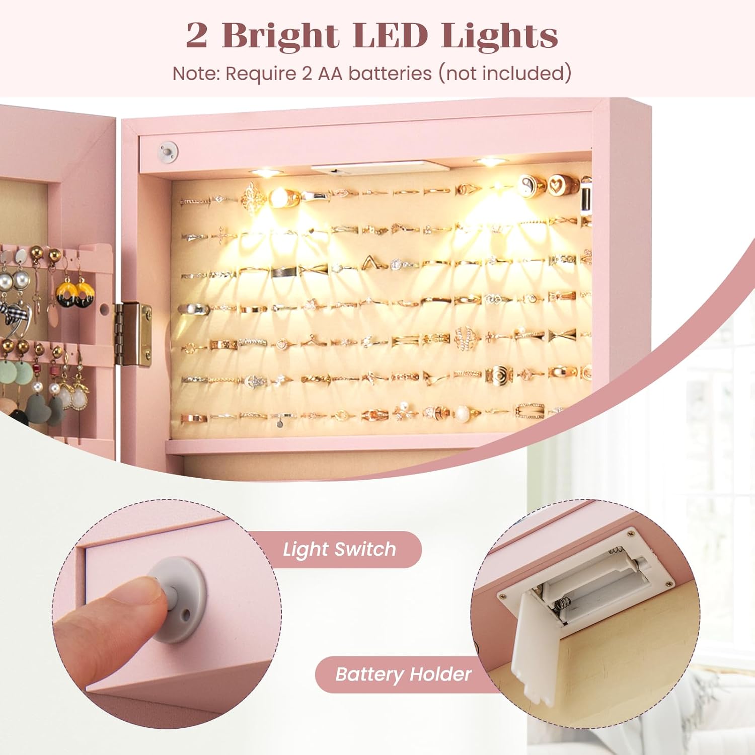 LDAILY Jewelry Armoire Wall or Door Mounted, Full-Length Mirror with Storage, Lockable Mirror Jewelry Cabinet w/ 2 Drawers, LED Lights, Over the Door Jewelry Organizer Box for Women Girls