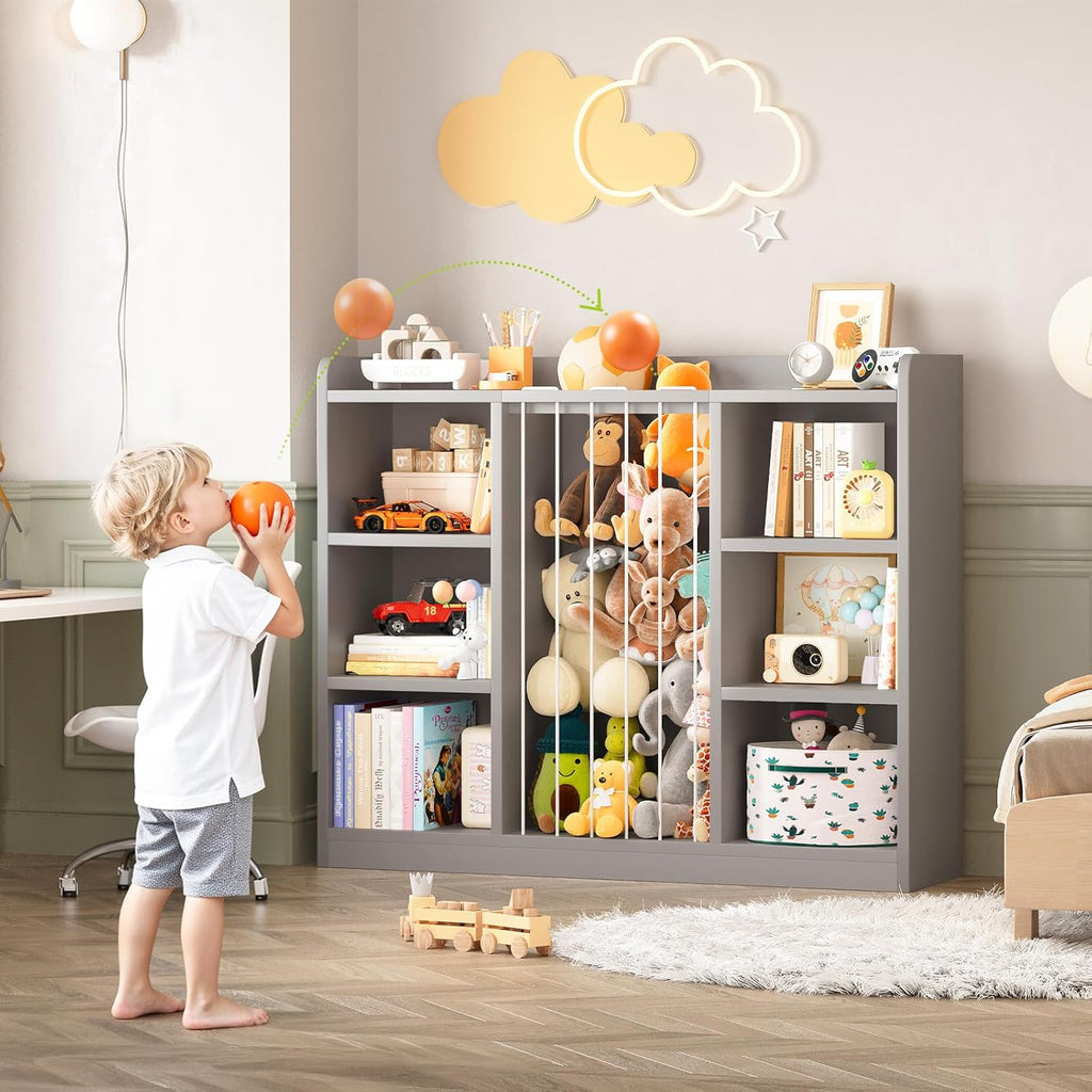 Toddler Stuffed Animal Zoo, Toy Storage Organizer for Playroom, Plush Toy Organizers and Storage, Book Shelf for Kids Rooms, Elastic Band Child Bookcase, Toy Shelf with 8 Storage Cubbies (Grey)