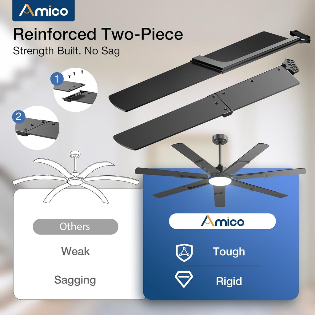 Amico Ceiling Fans with Lights,66 inch Black Ceiling fan with Light and Remote, 6 Speed Reversible DC Motor, 3CCT, Dimmable, Quiet, Timer, Large Modern Ceiling Fan for Living room, Indoor/Outdoor