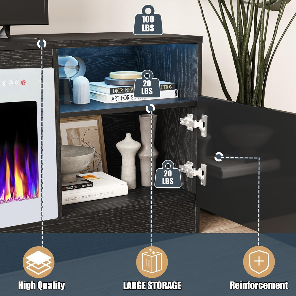 VITESSE TV Stand Fireplace with 36" inch Electric Fireplace Up to 80" TVs, LED Light Entertainment Center, 70" Modern Wood High Gloss with Highlight Storage Cabinet for Living Room (Black)