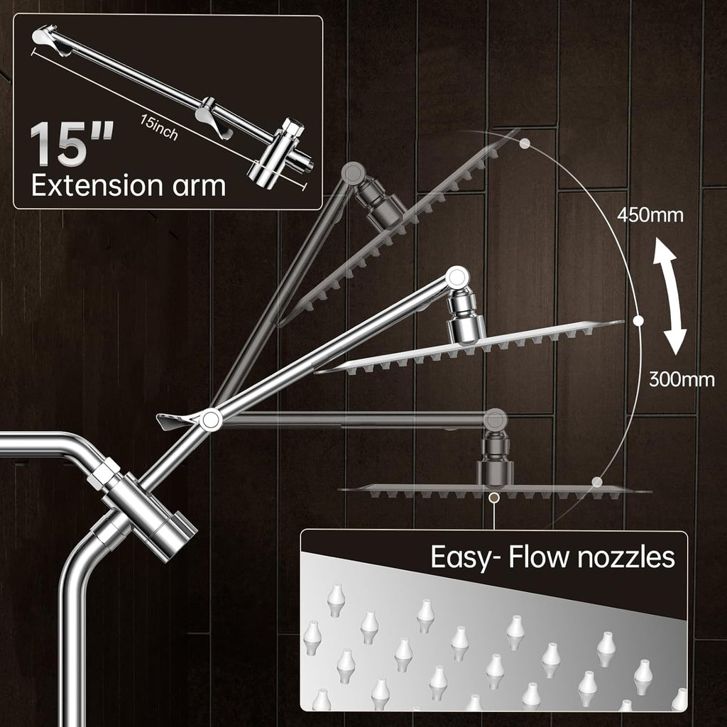 Veken All Metal 10" Shower Head with Handheld, Luxurious Square Double Rain Shower Heads,Power Wash Wand,Dual High Pressure Detachable Rainfall Showerhead with Spray Combo,Extension Arm,Chrome,Sliver