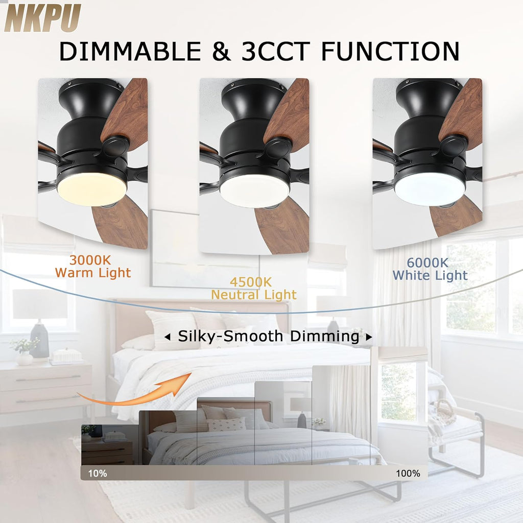 NKPU 52inch Low Profile Ceiling Fan with Light and Remote/APP Control,Reversible DC Motor,Noiseless,Dimmable,Modern Flush Mount Ceiling Fan for Bedroom,Indoor/Outdoor Use(Brown)