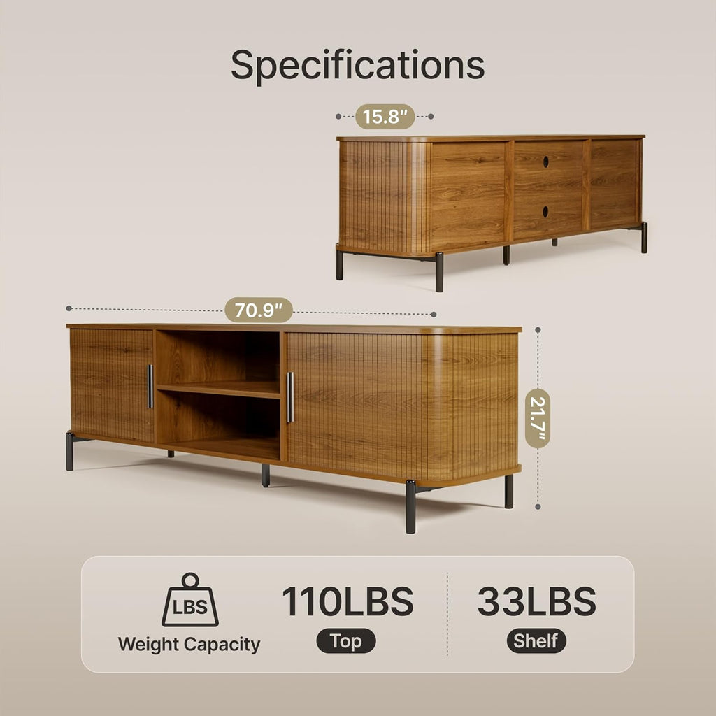 SUNCOZE 70" Mid-Century Fluted TV Stand with Storage, Modern Entertainment Centerfor TVs up to 80 Inch with Sliding Tambour Doors & Open Shelves, Media Console for Living Room or Bedroom (Walnut)