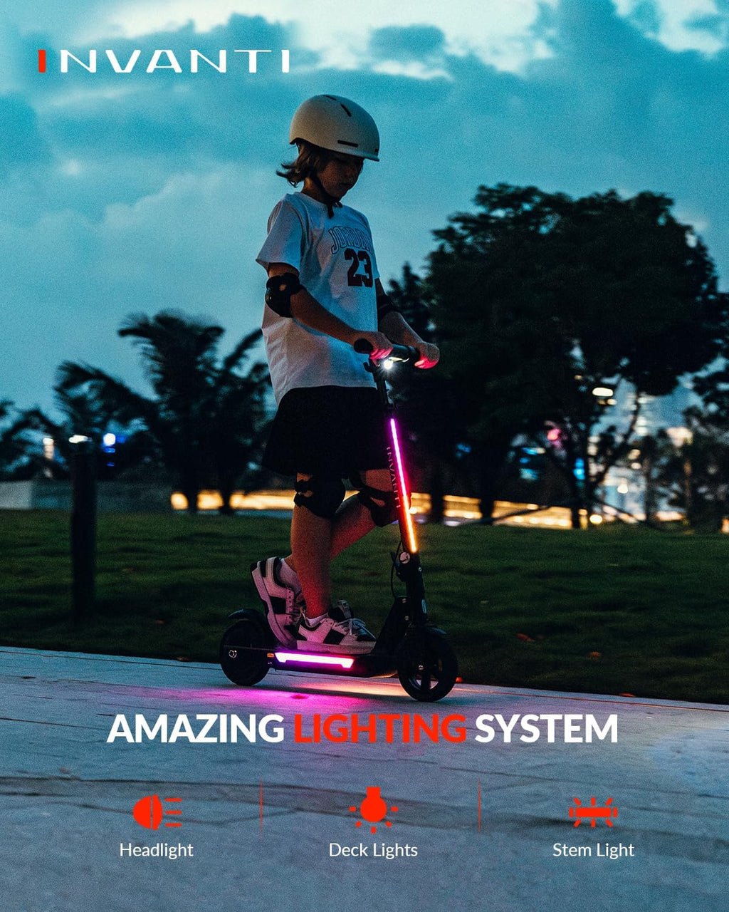INVANTI KS03 Electric Scooter for Kids Ages 8+, 350W Peak Motor, Max 12mph & 10Miles, 7" Solid Wheel, LED Lights & Display, Double Braking, Kids Electric Scooter with 3 Adjustable Speeds & Heights