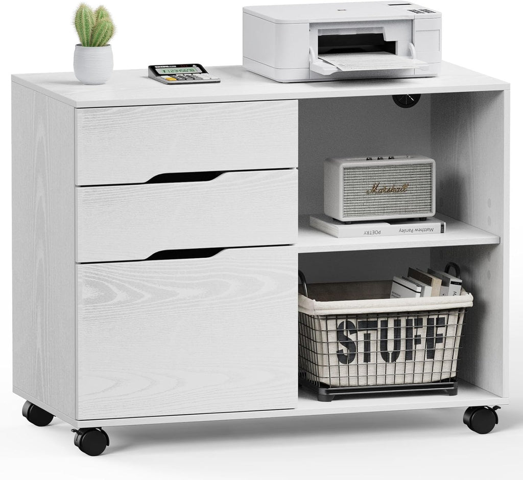 DUMOS Lateral File Cabinet with 3 Drawers Rolling Filing Cabinets Under Desk Storage Printer Stand Wood Organizer with Wheels Adjustable Shelf for Office Home Small Space, White