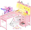 MOTPK L Shaped Gaming Desk with Drawers & LED Light & Power Outlet, 43" Reversible Computer Table with Shelves & Hooks for Home Office, Carbon Fiber Pink