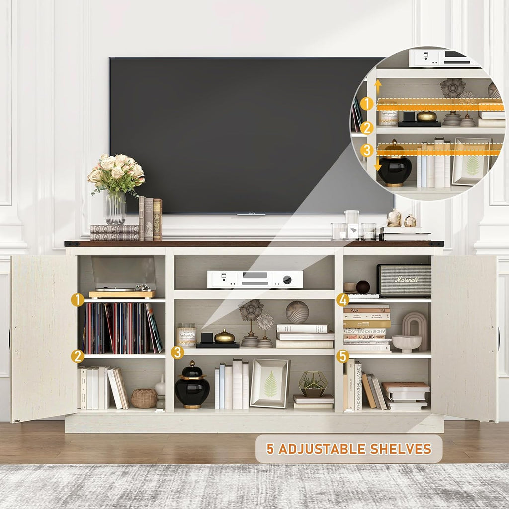 Hlivelood 66" Farmhouse TV Stand with Power Outlets for 75 Inch TVs, 33" Tall Entertainment Center with Storage Cabinets w/Adjustable Shelves, Rustic Large TV Media Console, Rustic White