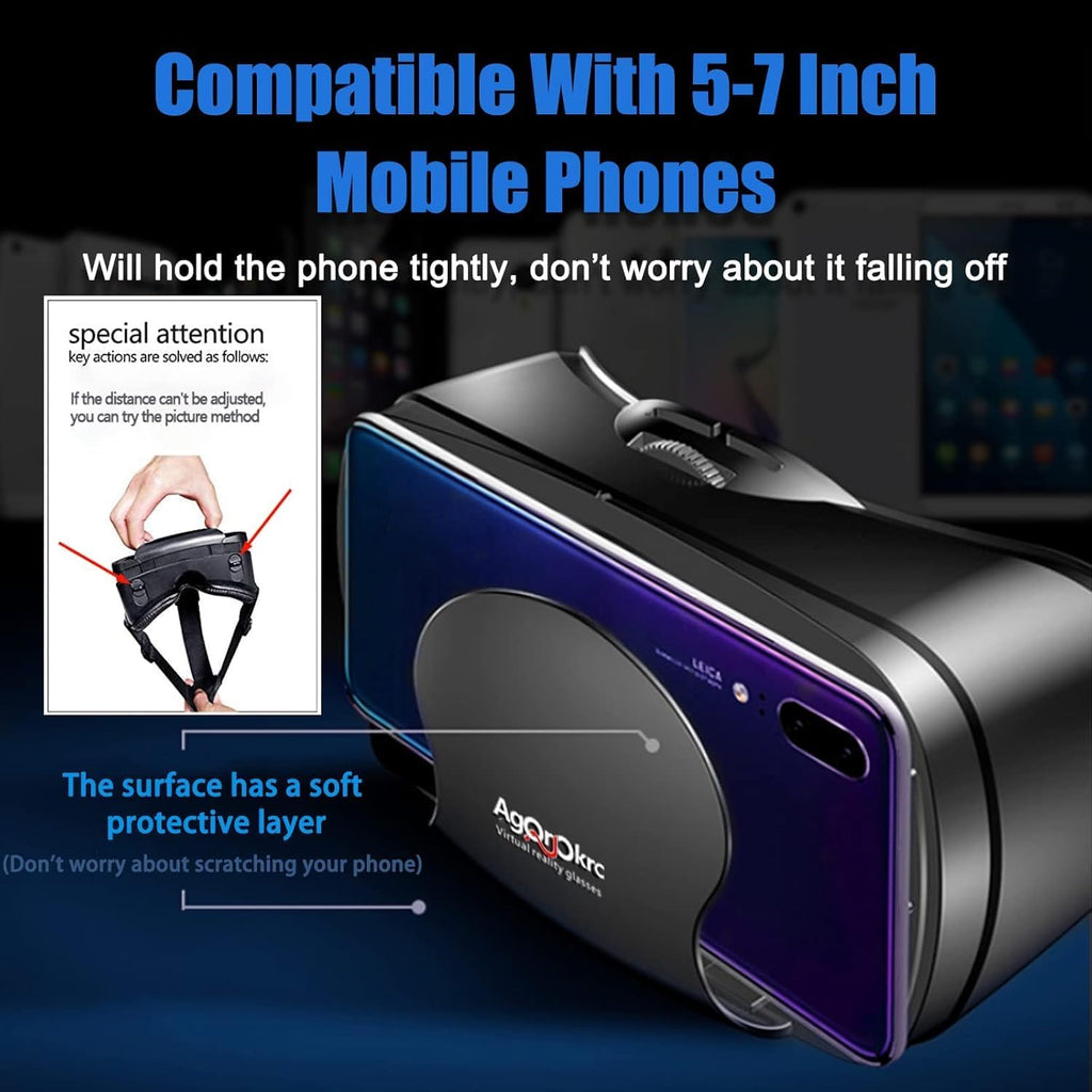 VR Headset with Controller Adjustable 3D VR Glasses Virtual Reality Headset HD Blu-ray Eye Protected Support 5~7 Inch for Phone/Android (Black)