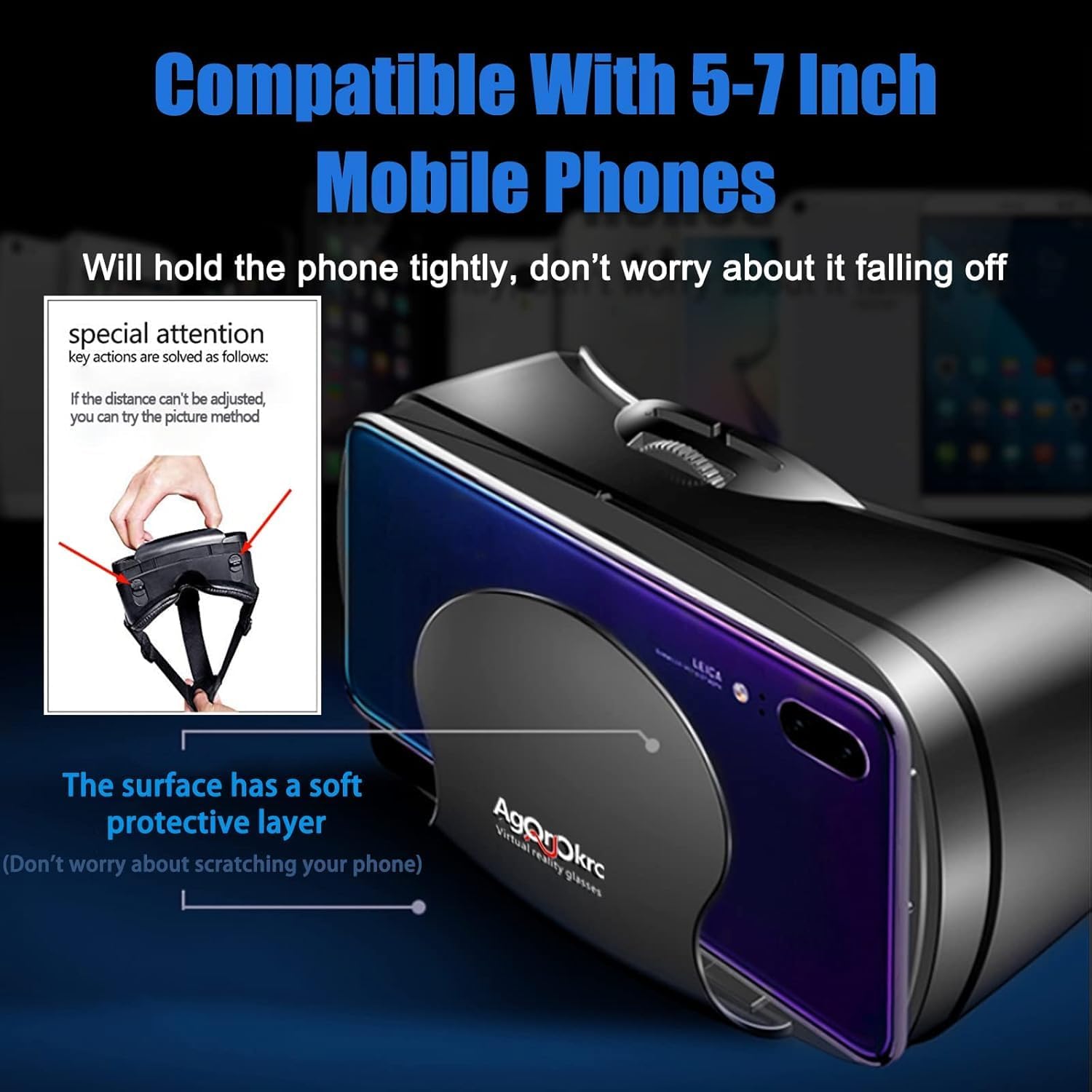 VR Headset with Controller Adjustable 3D VR Glasses Virtual Reality Headset HD Blu-ray Eye Protected Support 5~7 Inch for Phone/Android (Black)