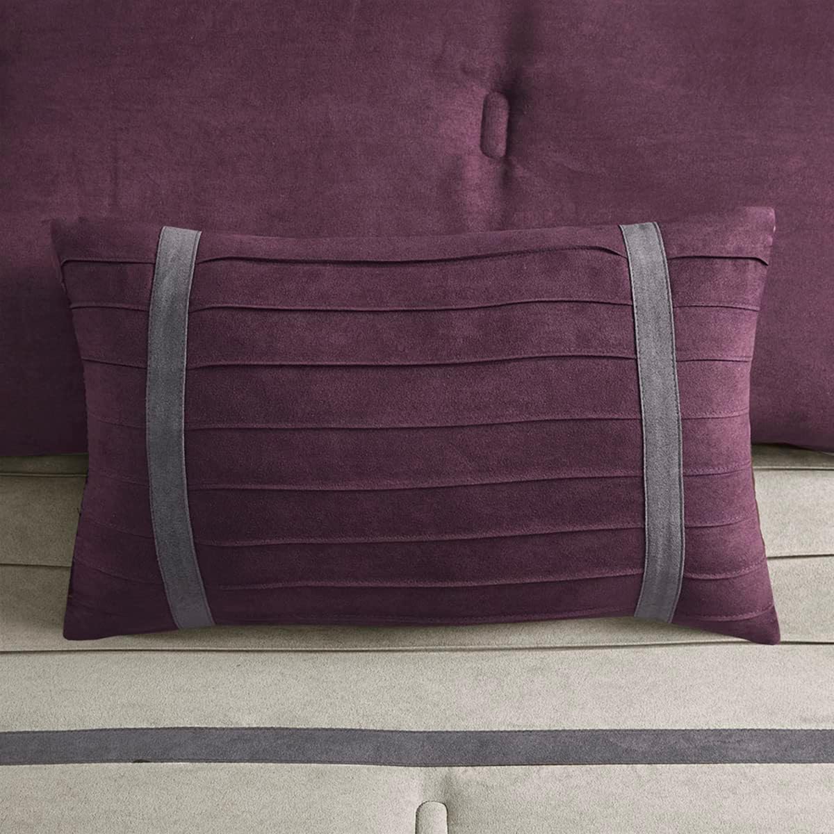 Madison Park - Palmer 7 Piece Comforter Set - Plum - California King - Pieced Microsuede - Includes 1 Comforter, 3 Decorative Pillows, 1 Bed Skirt, 2 Shams,Purple