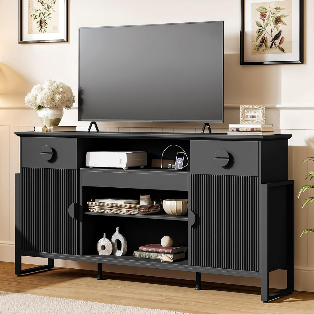 70 inch Modern Fluted TV Stand for TVs up to 80", Multifunctional Entertainment Center with Open Shelf, Built-in Power Outlets & 2 Large Drawers, Doors Storage Cabinet for Living Room, Black