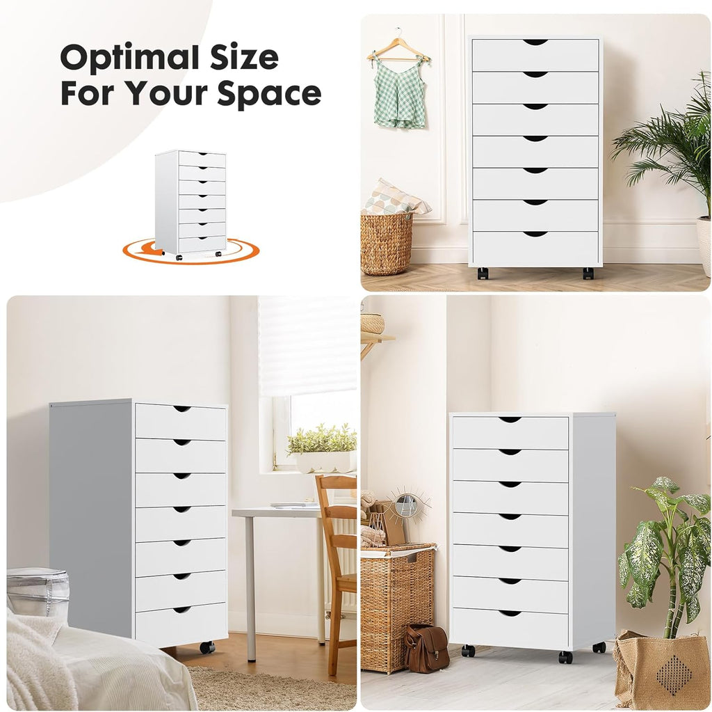 OLIXIS 7 Drawer File Cabinet, Mobile Filing Cabinet Under Desk Storage Organization with Wheels, Vertical Filing Chest Rolling Wood Small Desk Printer Stand for Home Office, White
