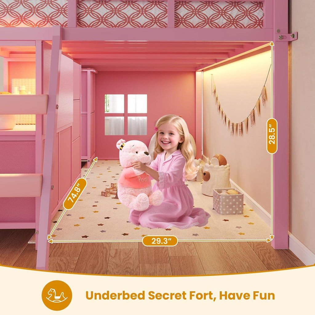 ADORNEVE Low Loft Bed Twin Size with 7 Storage Drawers, Bookcase and LED Lights, Metal Kids Loft Bed with 14" H Safety Guardrail,Inclined Ladder and Play Curtain, Under-Bed Play Space,Pink