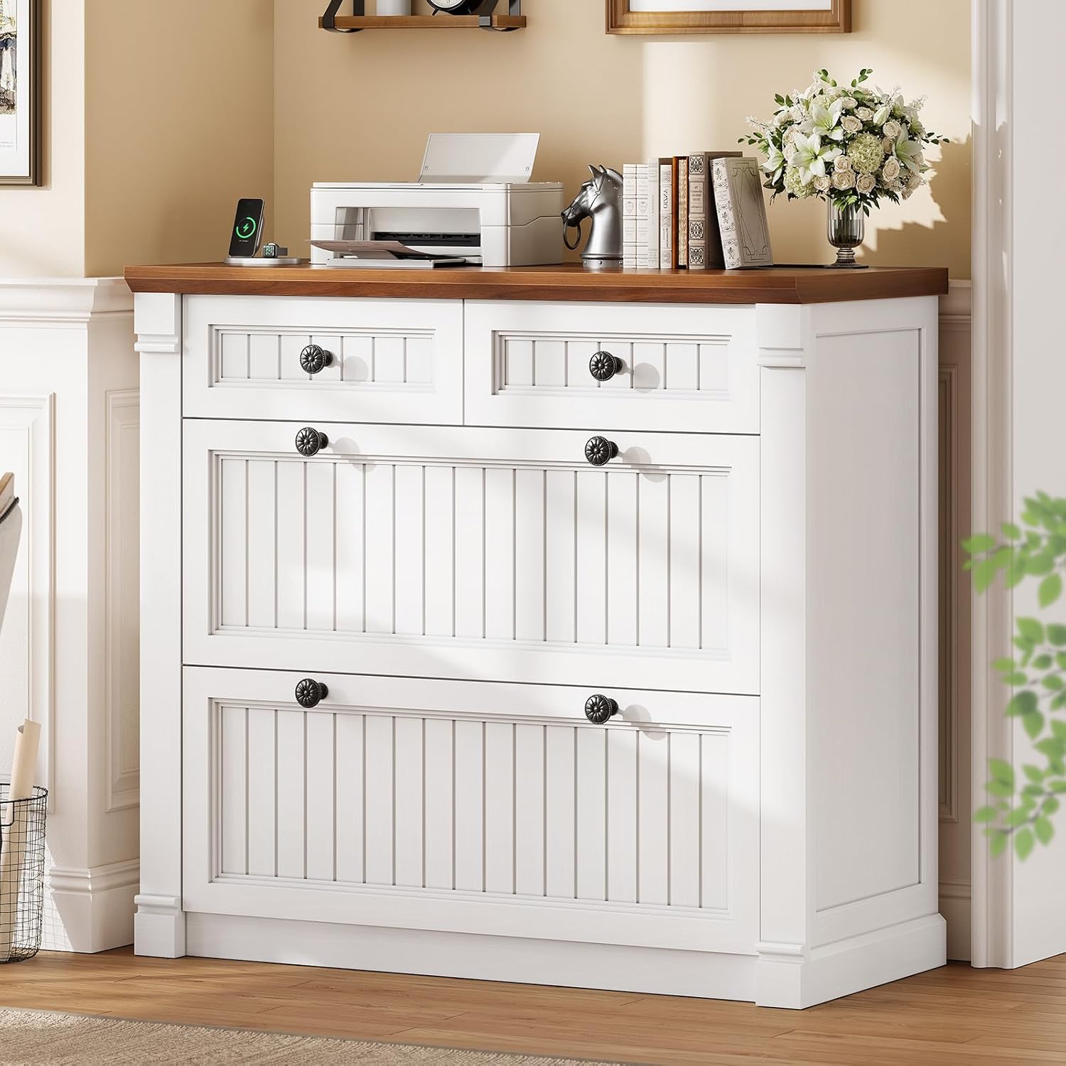 SEDETA 4 Drawers File Cabinet, 33" Farmhouse Filing Cabinets for Home Office fit Legal/Letter/A4 File, Wood Office File Cabinet with Power Outlets, Printer Stand with Storage, White+Brown