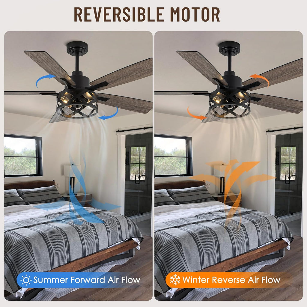 52" Farmhouse Ceiling Fan with Lights and Remote,Ceiling Fan with Caged Rustic Light Fixture,Reversible DC Motor,5 Double Finish Wood Blades for Patio,Living Room,Dining Room,Bedroom