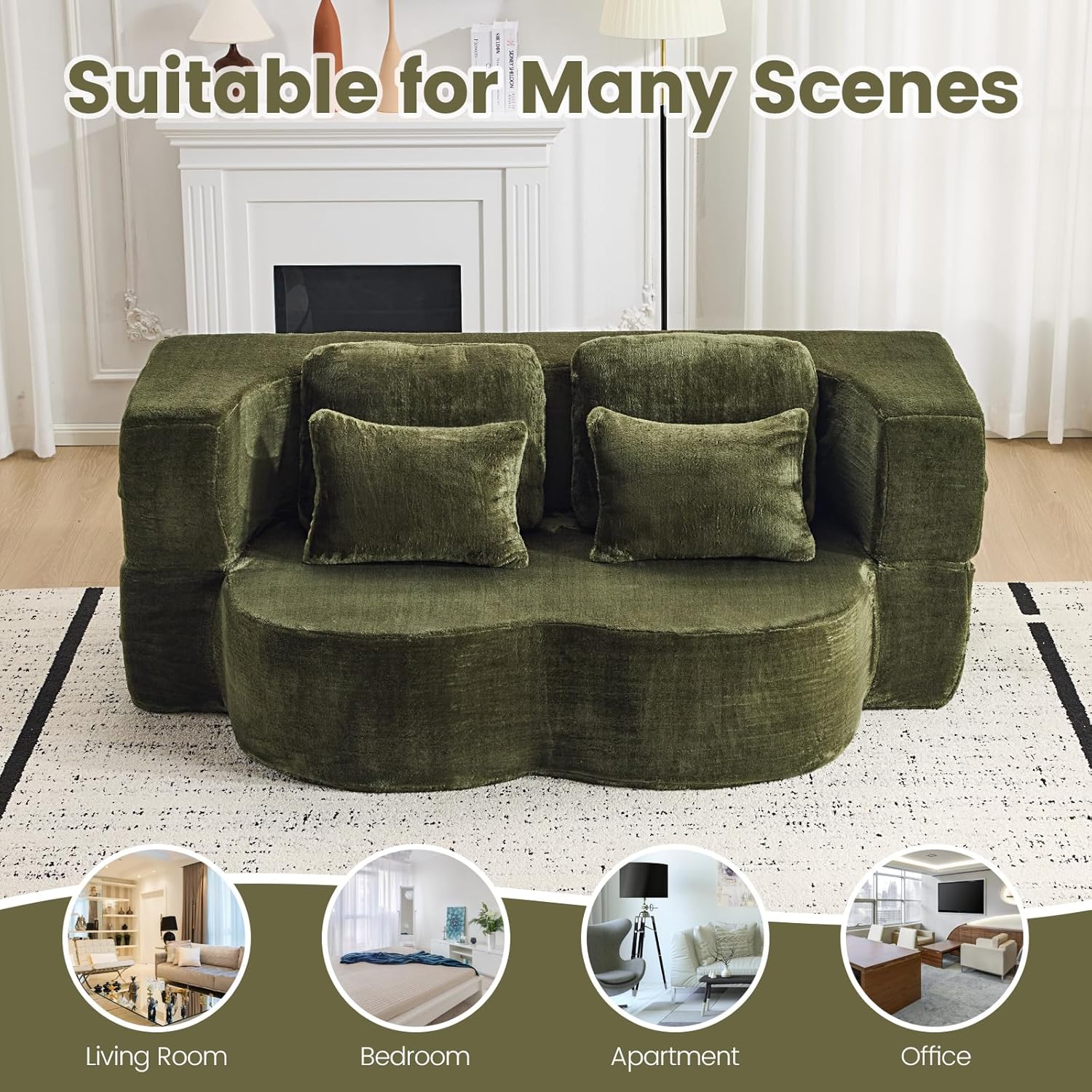 Convertible Folding Sofa Bed, 78” Full Size Loveseat Sleeper Sofa, Chenille Foldable Boneless Floor Couch with 4 Pillows for Guest Living Room Bedroom, No Assembly Required (Green)