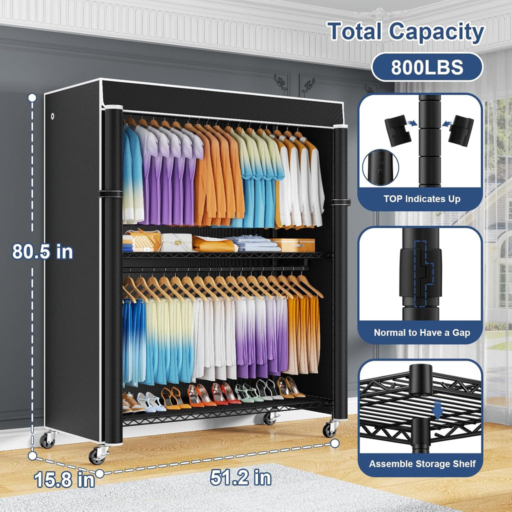 ULIFHOME P8C Max Heavy Duty Clothes Rack（With Extended Width Design） Rolling Clothing Racks for Hanging Clothes with Lockable Wheels，51.2"W x 15.8"D x 80.5"H，Load 700LBS，Black Rack with Black Cover