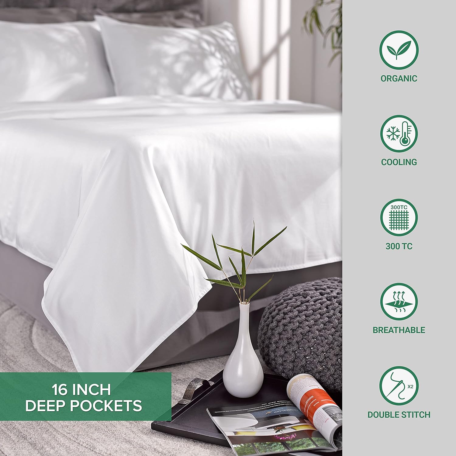 Pure Bamboo King Sheets, Genuine 100% Organic Viscose Derived from Bamboo Bed Sheet Set, Luxuriously Soft & Cooling, Double Stitching, 2 Year Quality Promise (King, Birch)