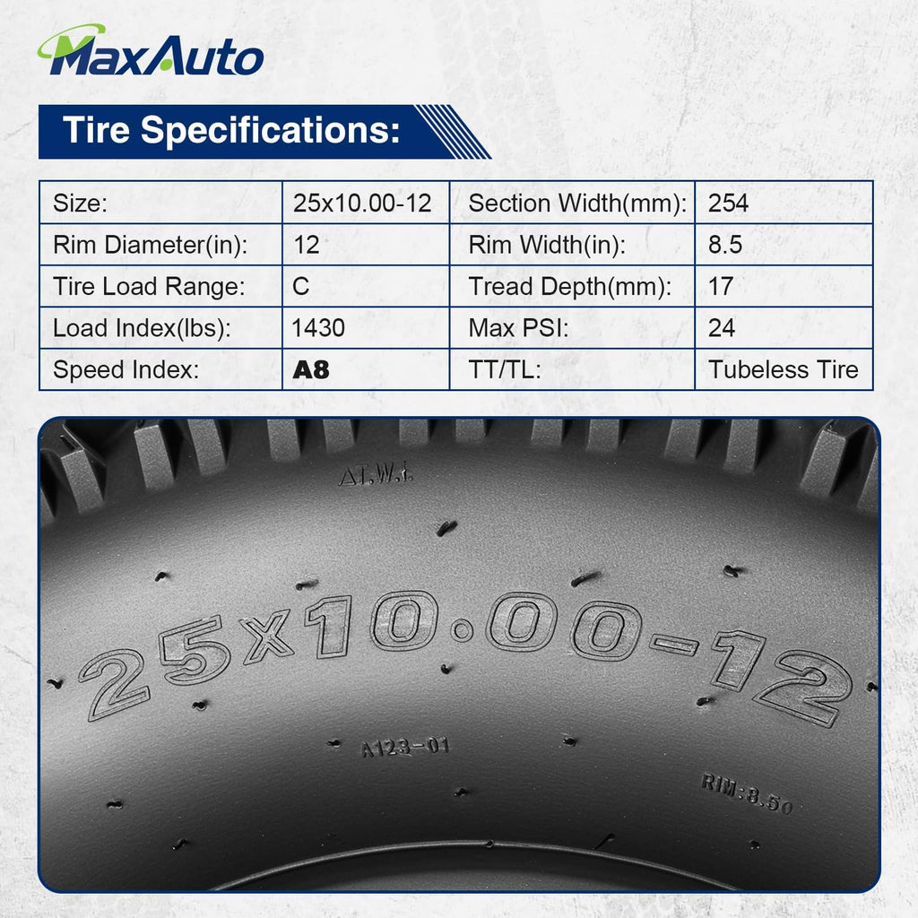 MaxAuto 25x10-12 Hilly Lawn ATV Tires, 25x10x12 All Terrain Tires, 25 10 12 Sand Off-Road Tire, 6PR Tubeless, 2 Pack