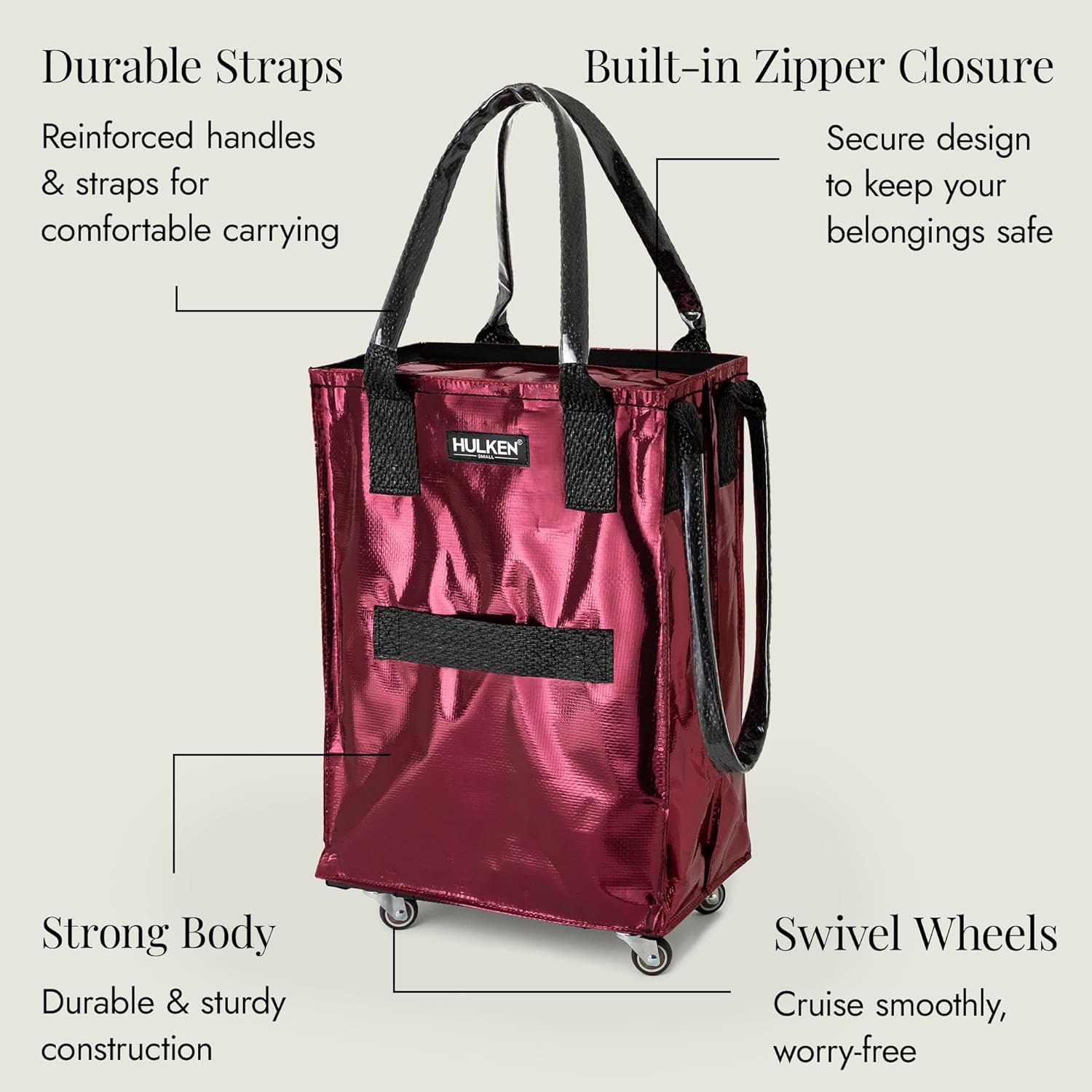 HULKEN (Small, Cosmic Red) Reusable Grocery Bag On Wheels, Shopping Trolley, Rolling Tote, Zipper Closure, Lightweight, Carries Up to 66 lb, Folds Flat