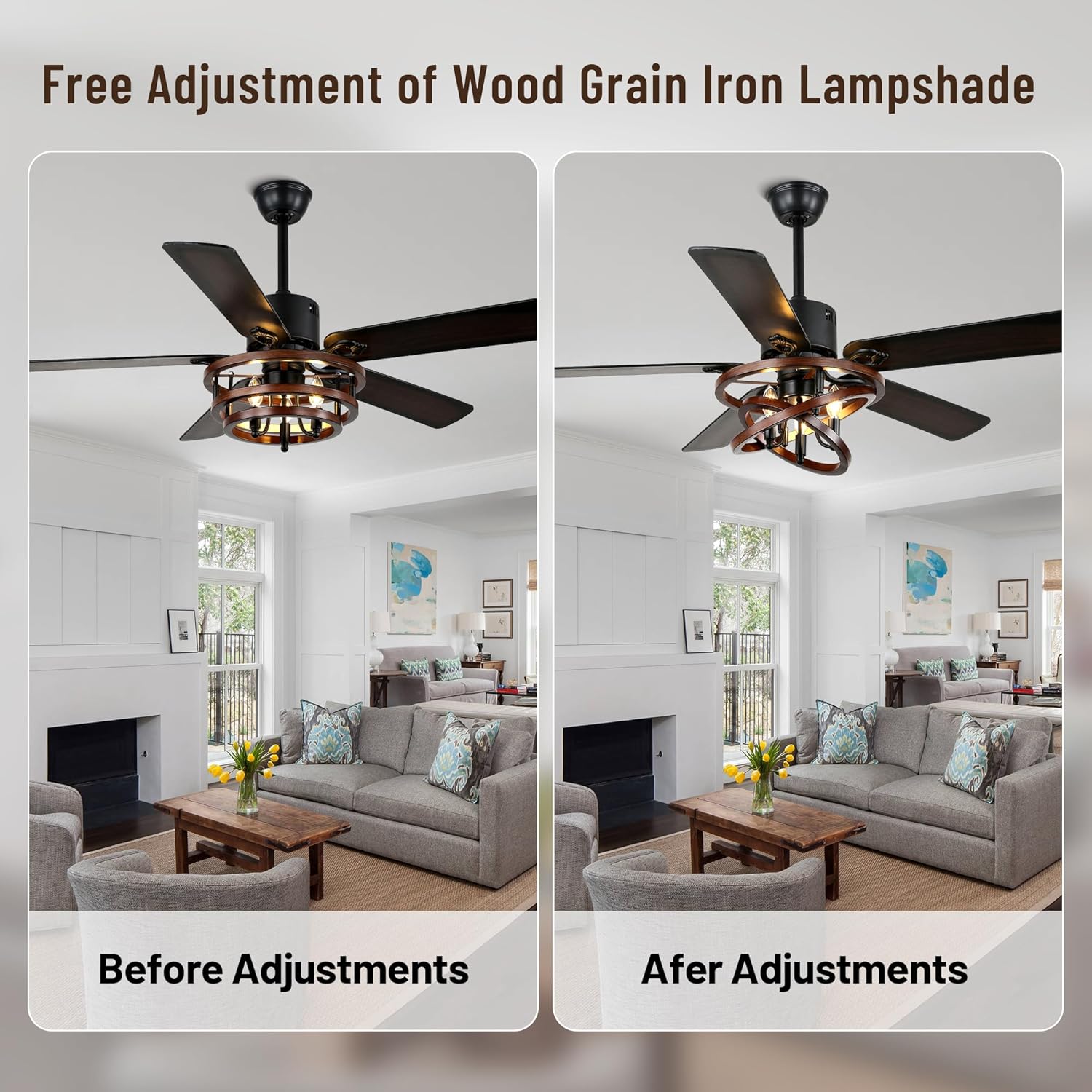 52" Ceiling Fan with Lights and Remote,Industrial Farmhouse Ceiling Fan with Adjustable Wood Grain Iron Cage,5 Reversible Dual-Color Blades,DC Quiet Motor,6 Speeds,Timer for Bedroom Living Room