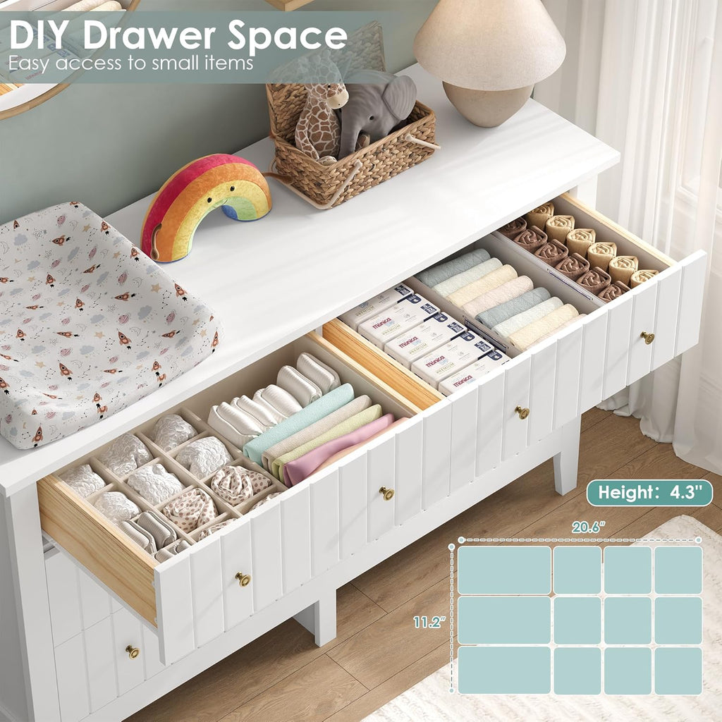 FOTOSOK White Dresser, Chest of Drawers, Modern 6 Drawer Double Dressers with Deep Drawers, Nursery Dresser for Baby, Wide Storage Organizer Cabinet for Living Room, Hallway,White