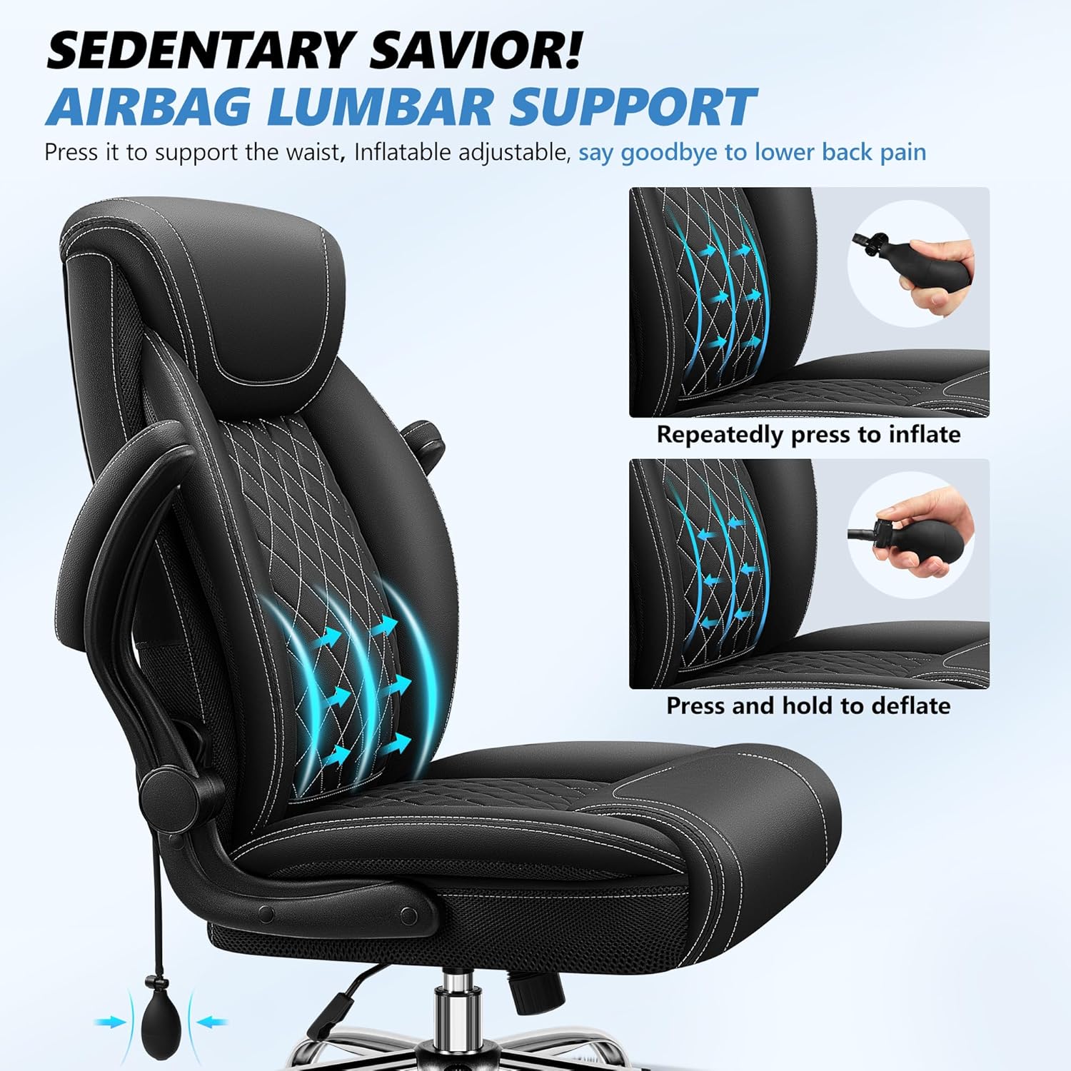 Office Chair, Big and Tall Ergonomic Desk Chair, Executive Leather Computer Chair with Adjustable Lumbar Support, Comfy Gaming Chair with Flip Up Arms, Swivel PC Chair with Rocking Function, Black