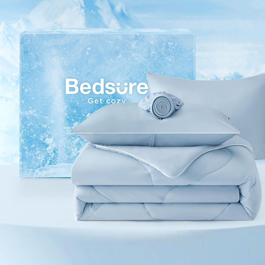Bedsure Cooling Comforters King Size Set 4 Pieces, Blue Cooling Blanket for Hot Sleepers, Double-Sided Cool Tech King Bedding Set with Breathable Lightweight Comforter, Sheet & Pillowcases